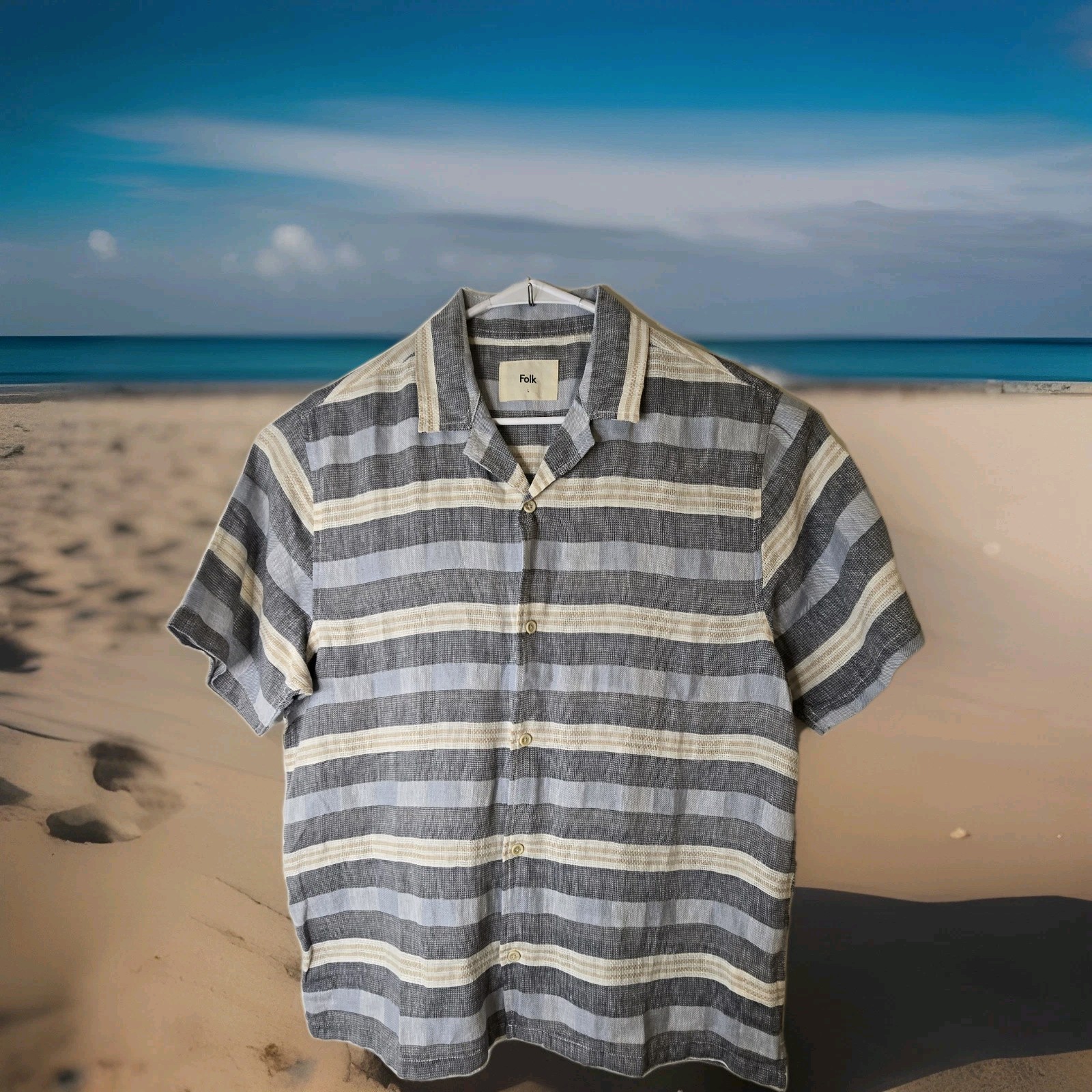 Folk Clothing Shirt Mens M Linen Blend Short Sleeve Camp Shirt Striped Beach