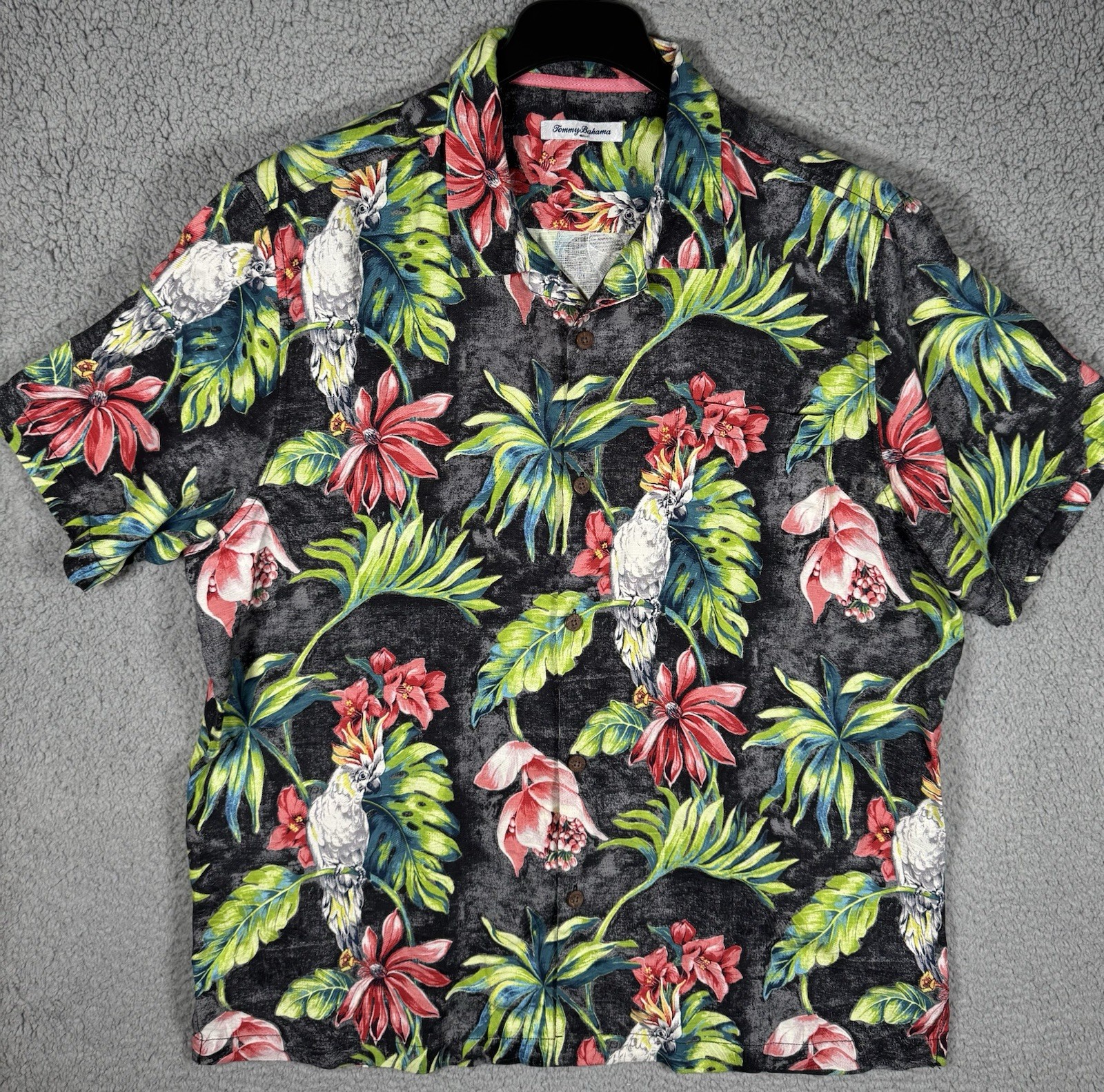 Tommy Bahama Hawaiian Shirt Mens Extra Large XL Silk Floral Animal Print Parrot