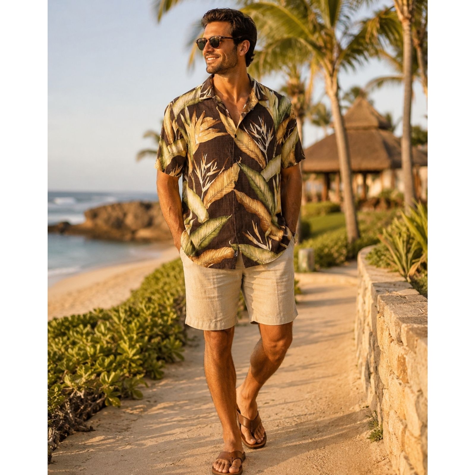 Tommy Bahama 100% Silk Hawaiian Camp Shirt Brown Tropical Bird of Paradise Sz M