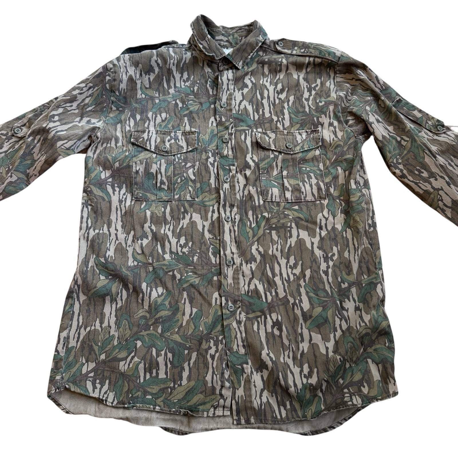Vintage Mossy Oak Green Leaf Camo Button Shirt Mens Large Hunting USA READ