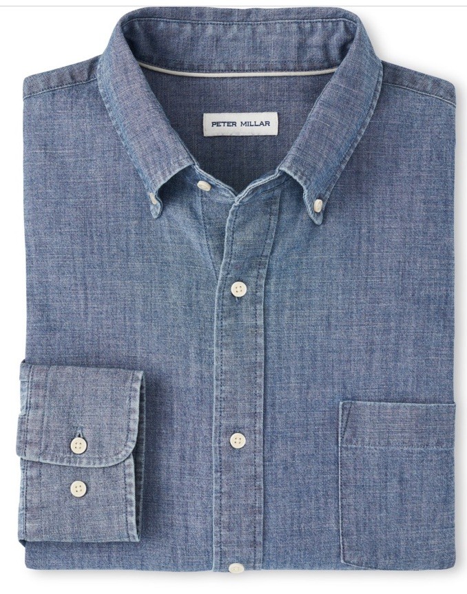 Peter Millar Tamworth Chambray Cotton-Stretch Sport Shirt in Indigo XXL