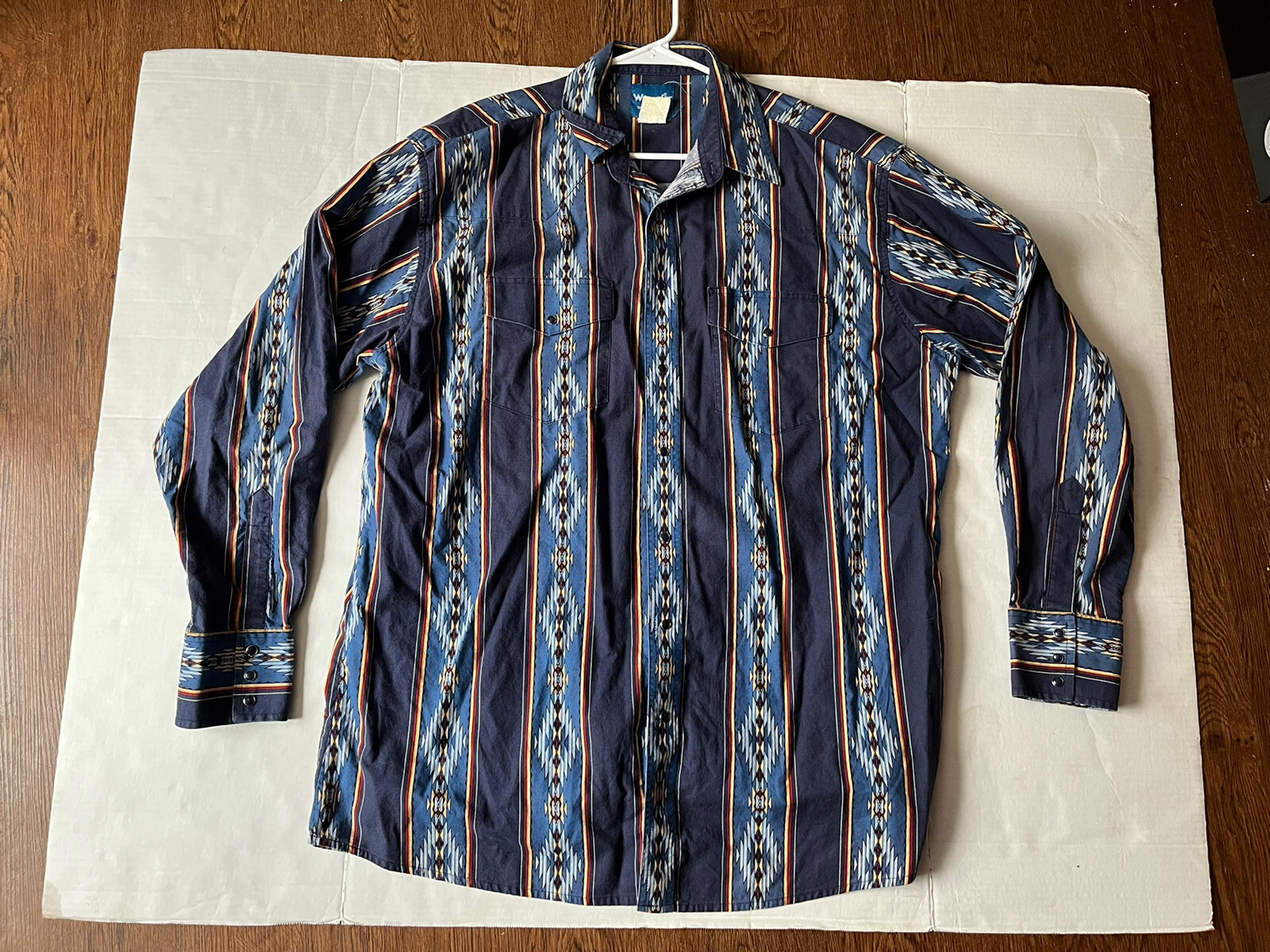 Vintage Wrangler Pearlized Snaps Western Shirt Blue Cowboy Aztec XL