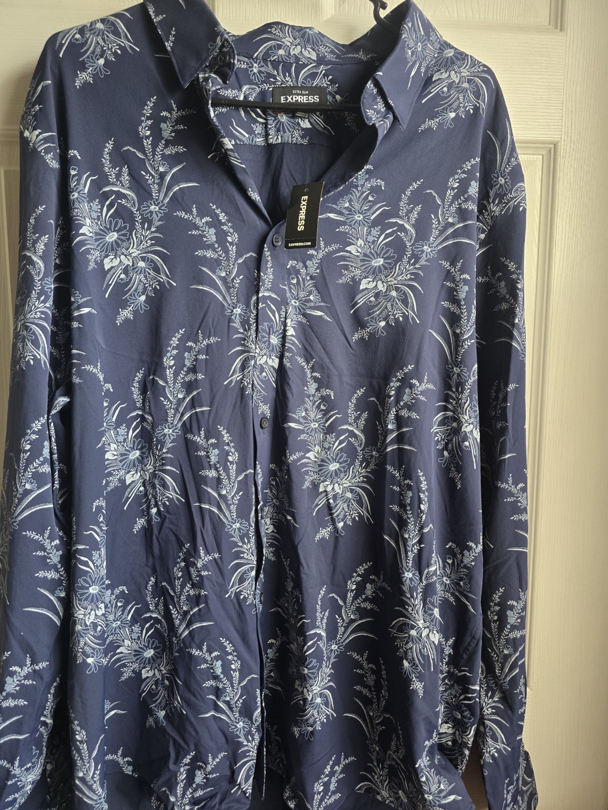 Express Men’s XXL Blue Floral Performance Stretch Extra Slim Shirt