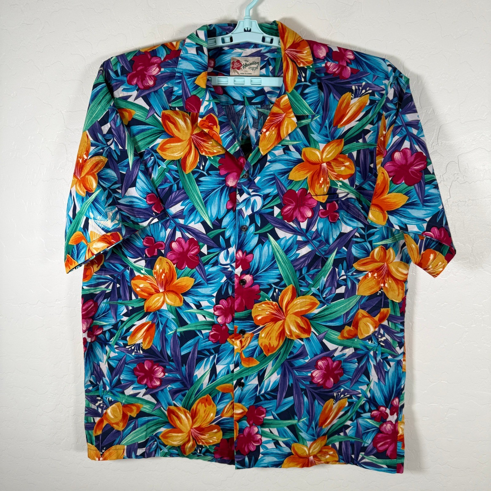 Hilo Hattie Hawaiian Shirt Mens 2XL Blue Floral Tropical Hibiscus Alona Party