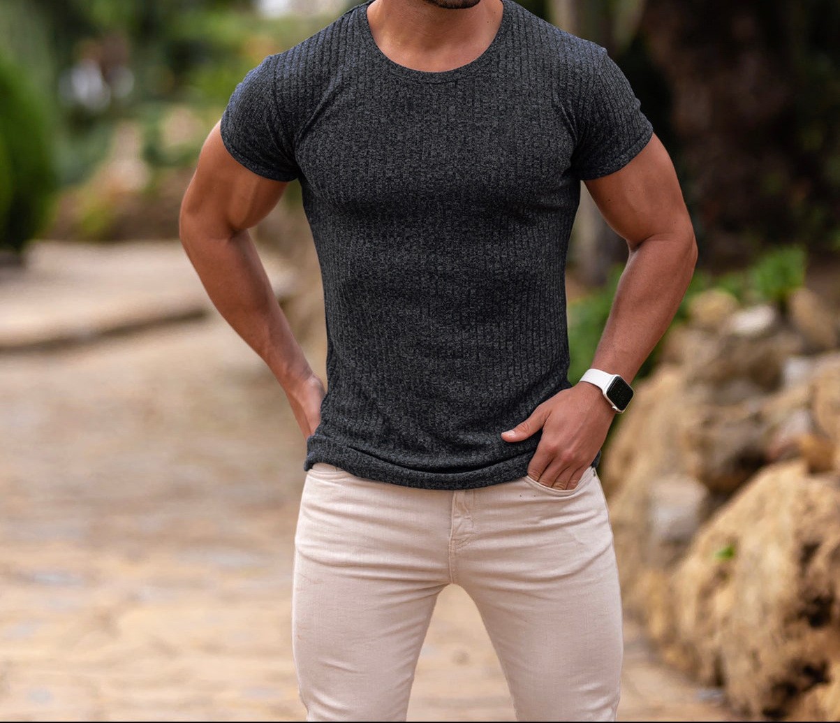 Men’s summer sports casual stand collar vertical stripe crew neck T-shirt