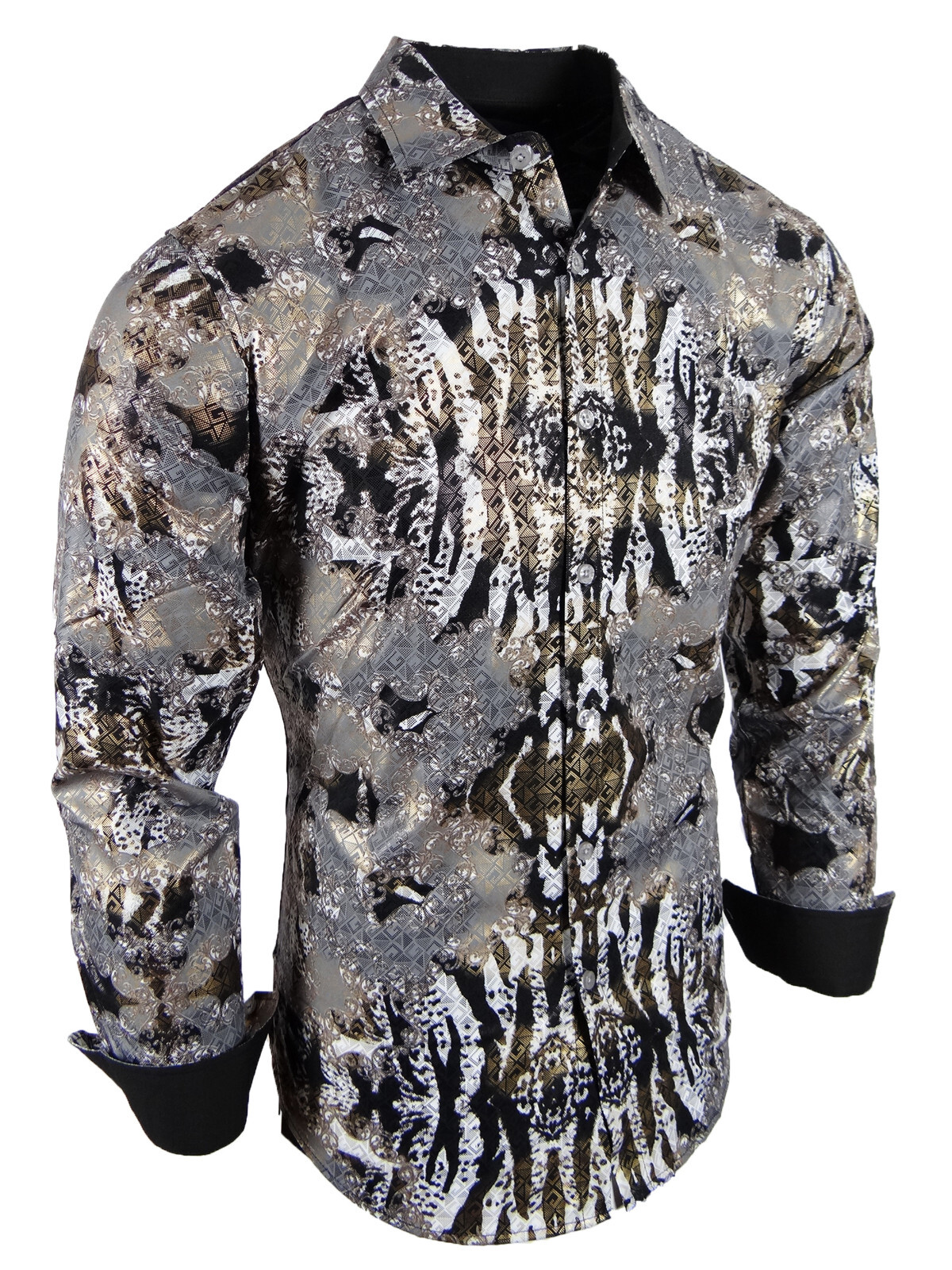 Mens Shirt Luxury Italian Florals Gold Foil Overlay Stretch Slim Fit Button Up
