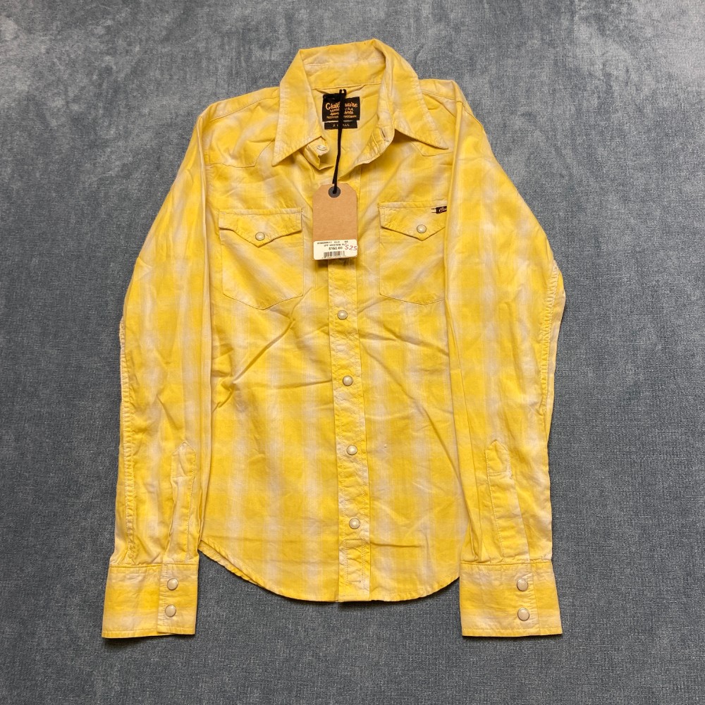 Civilianaire Sports Shirt Mens X Small Yellow Plaid Snap Button Up Round Hem