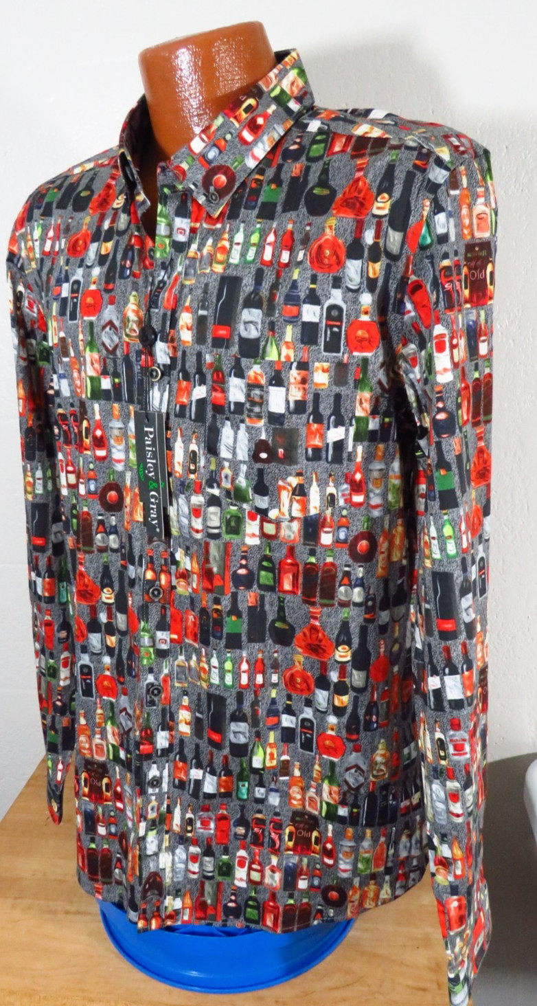 Paisley And Gray Men’s NWT Booze Liquor Print Button Down Shirt Fits M Slim!