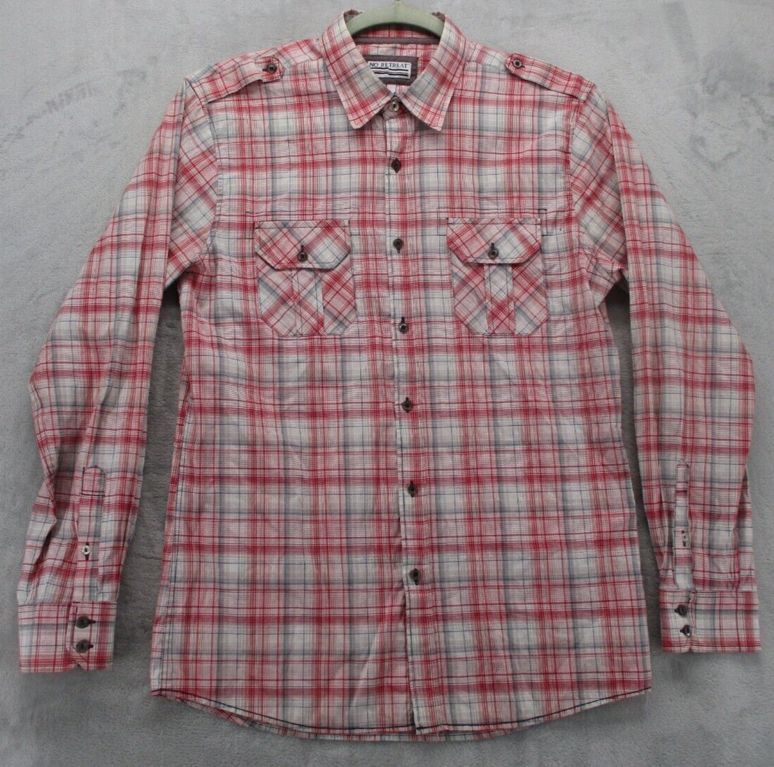 No Retreat Button Up Shirt Men’s Large Slim Red White Gray Plaid Cotton Blend