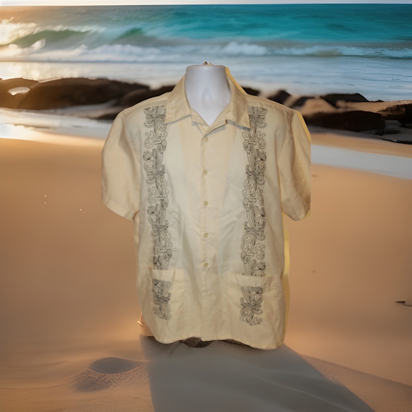 HABAND Guayabera Mens Large Short Sleeve Button Shirt Poly/Cotton Pockets Yellow