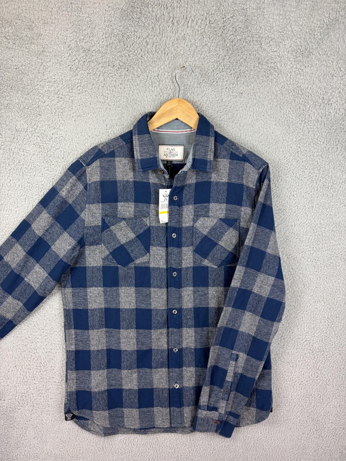 Flag & Anthem Shirt Mens Medium Blue Check Flannel Long Sleeve Button Casual New