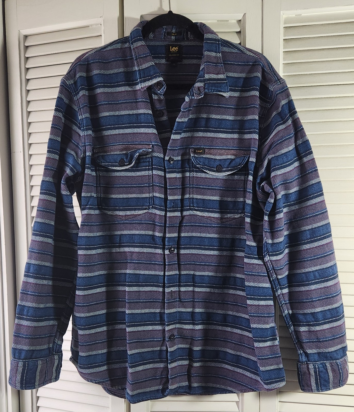 Lee Indigo Faded Stripe Denim Button Up Heavyweight XL Relaxed Fit