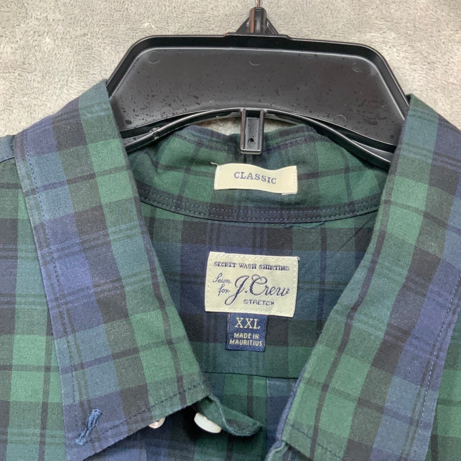 JCrew Men Secret Wash Stretch Shirt XXL Classic Fit Black Watch Plaid Green Blue