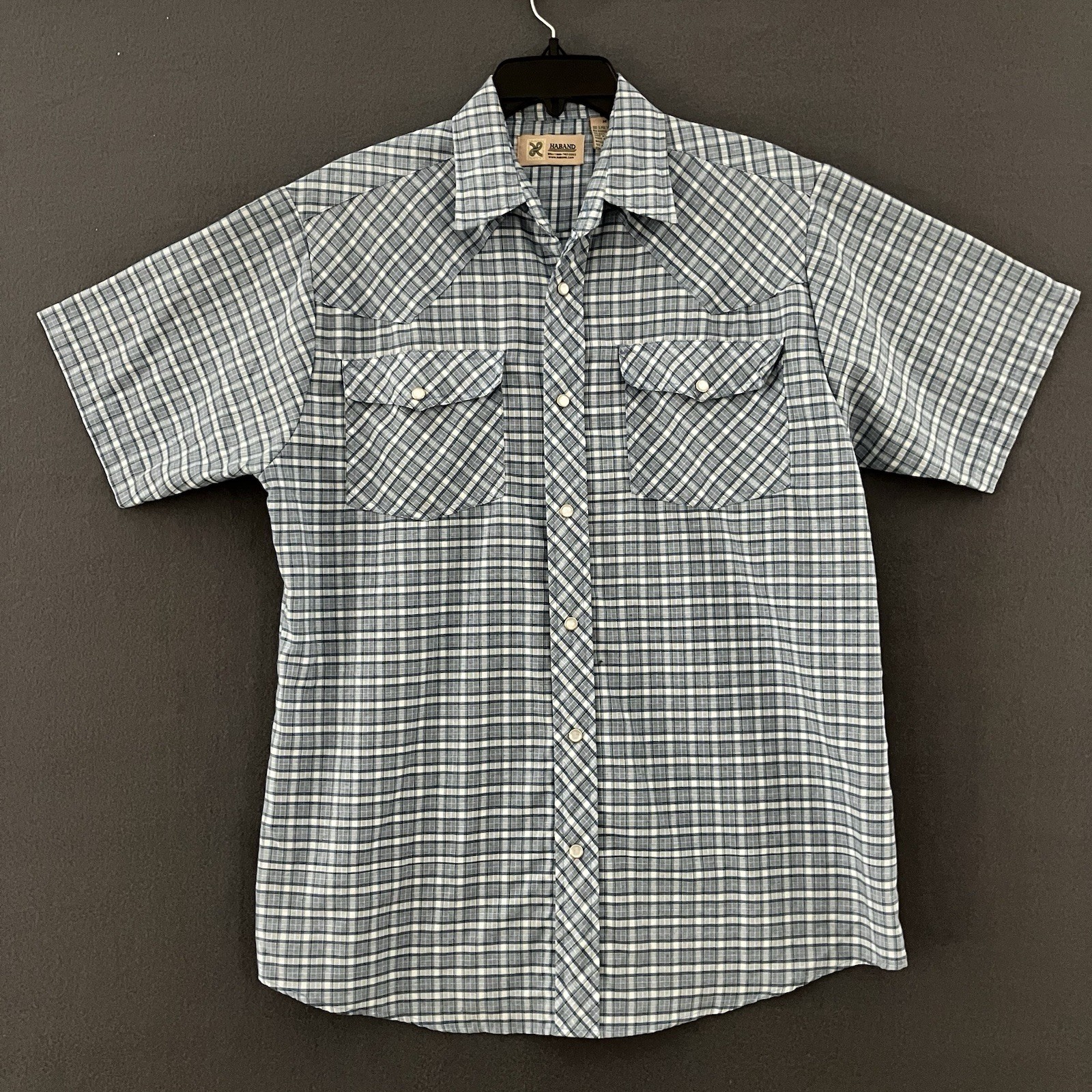 Haband Sz M Western Style White Pearl Snap Shirt Blue Plaid 2 Front Flap Pockets