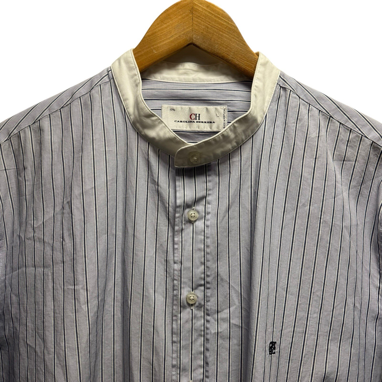 Carolina Herrera Mens 17.5 Purple/White Striped Band Collar CH Logo Cotton Shirt