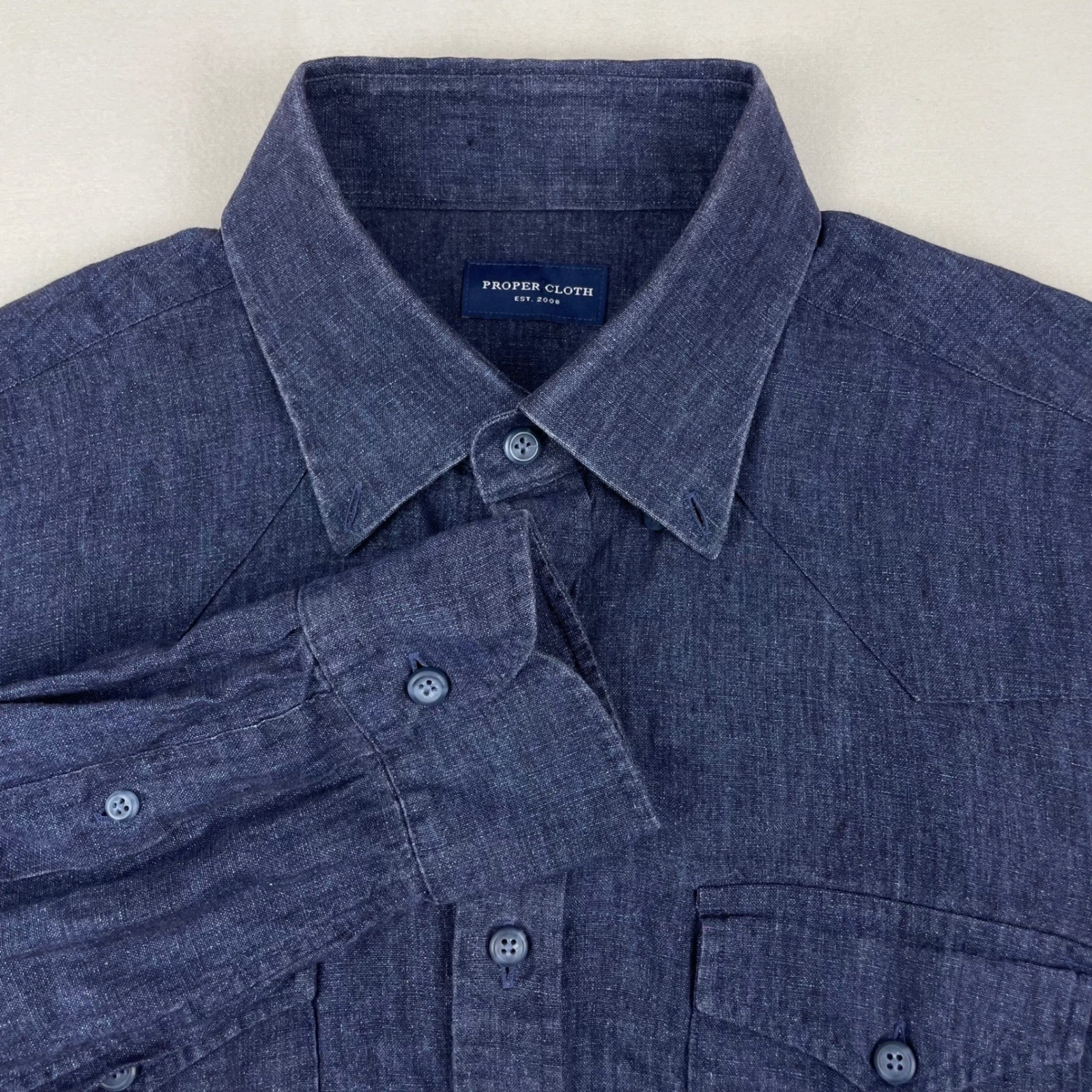 Proper Cloth Mens Medium Indigo Blue Linen Western Shirt Long Sleeve Button Down