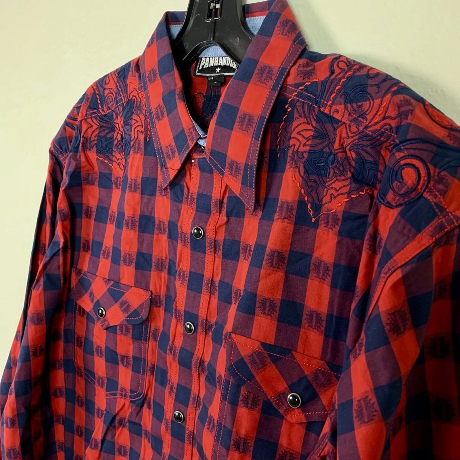 Panhandle Slim Men’s Red/Blue Plaid Pearl Snap Western Shirt Size Large