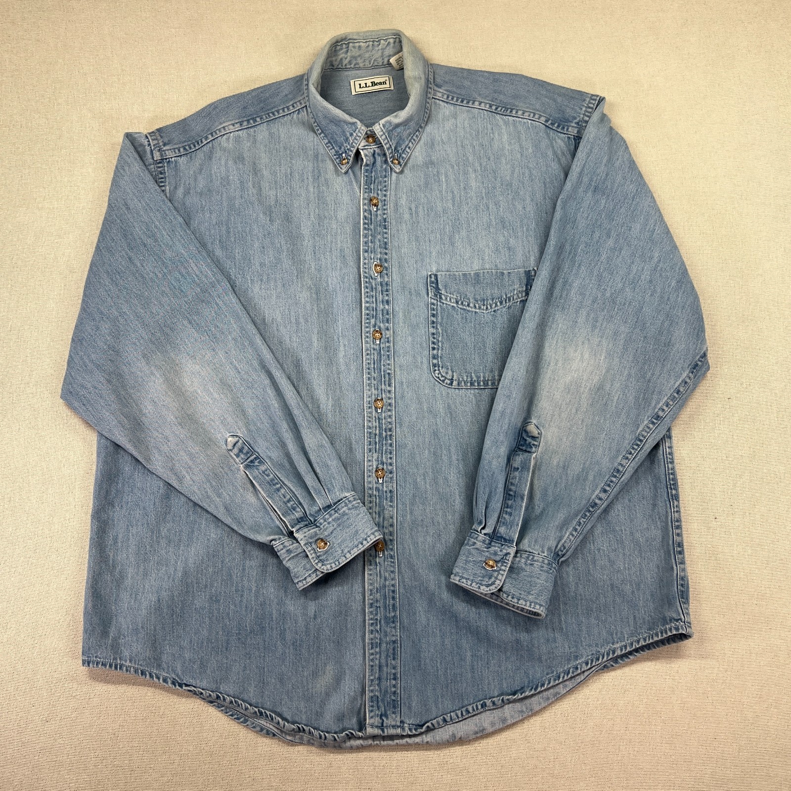 Vintage 80’s LL Bean Shirt Mens XL Faded Blue Denim Long Sleeve Made Canada
