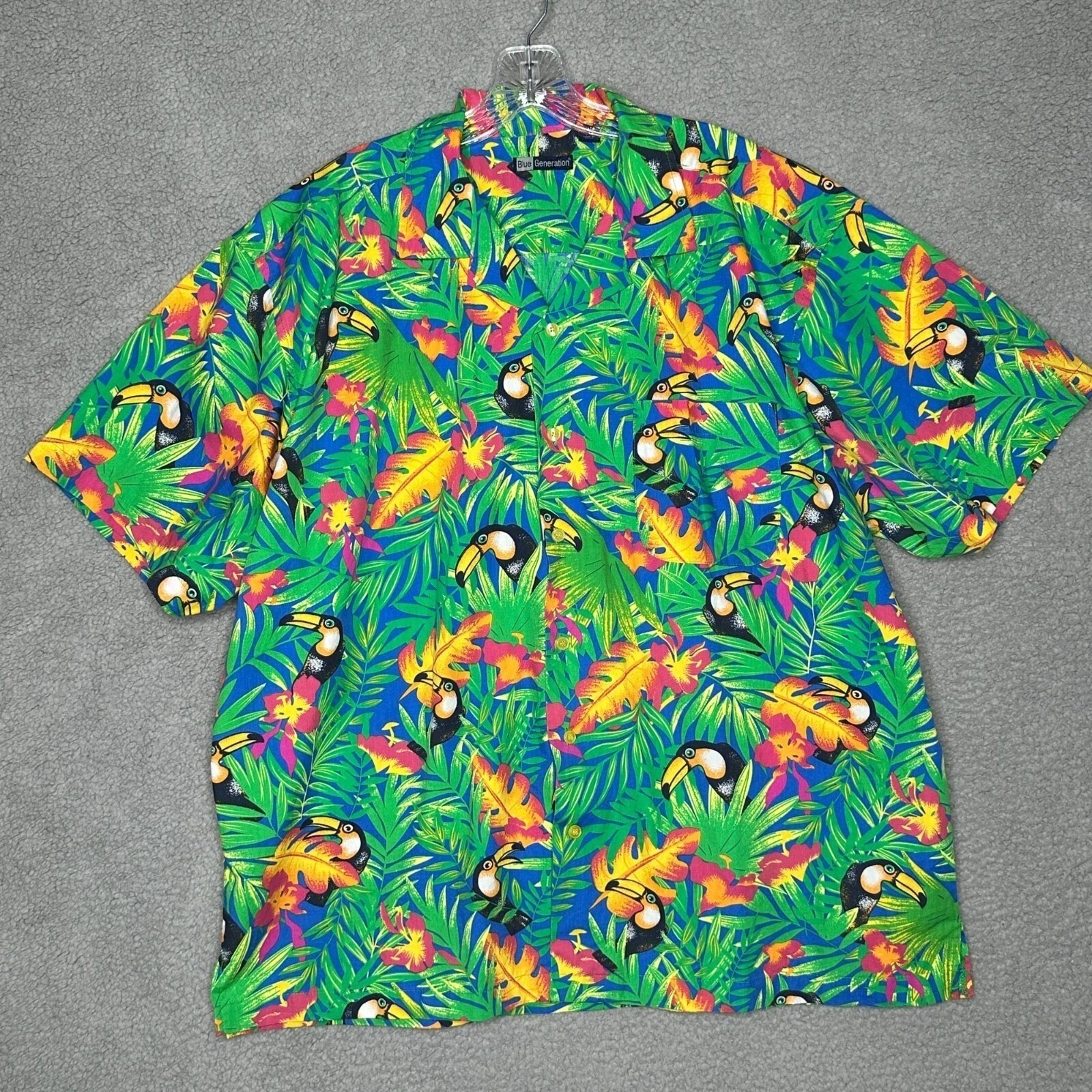 Blue Generation Camp Shirt Mens Size XL Tucan Button Front Tropical Hawaiian