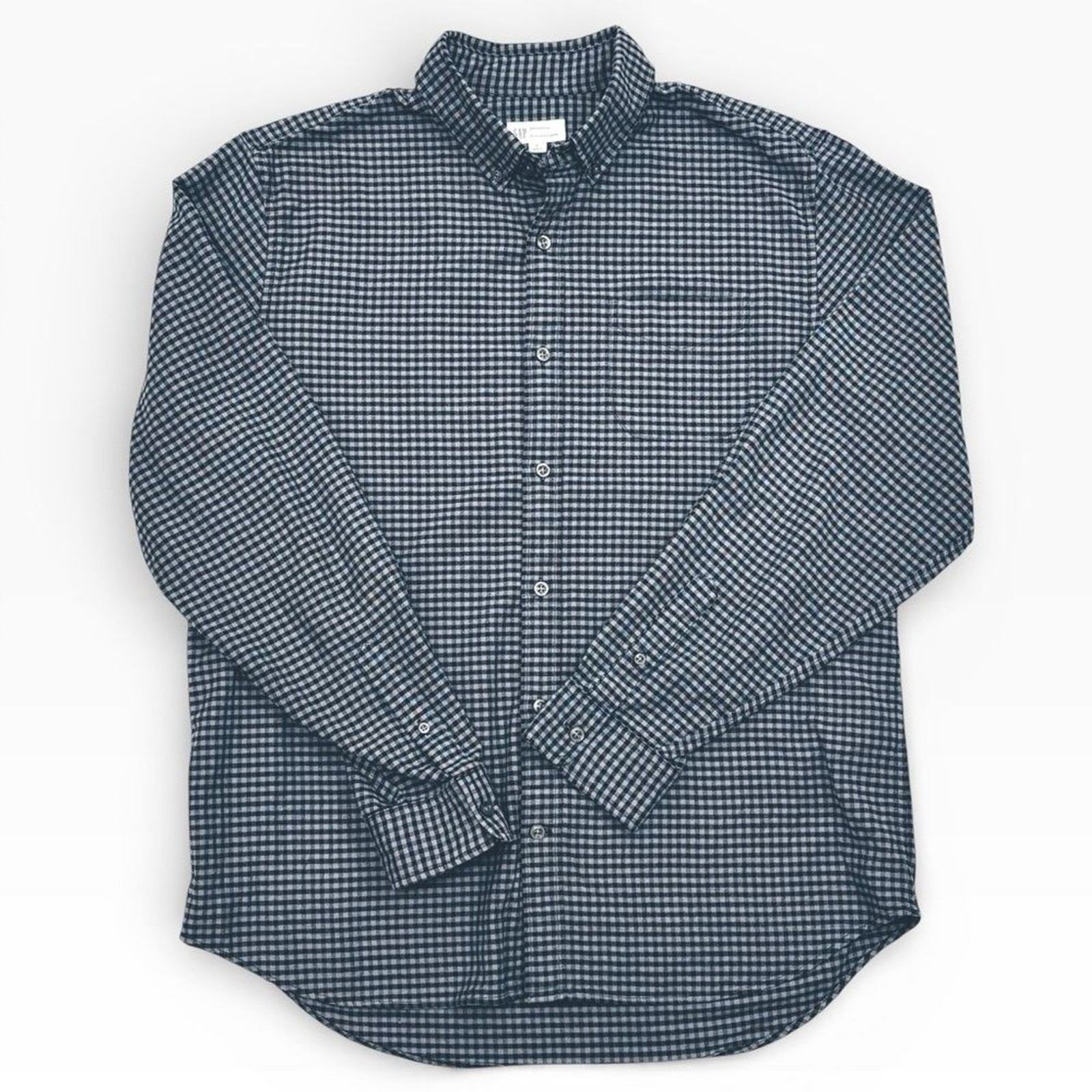 GAP Standard Fit Stretch Button Down Shirt Mens L Navy/Gray Gingham Long Sleeve