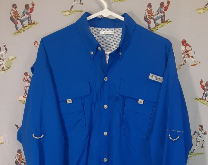 🎣 Columbia PFG Omni-Shade Mens Sz Medium Blue Button Up Fishing Shirt Vented