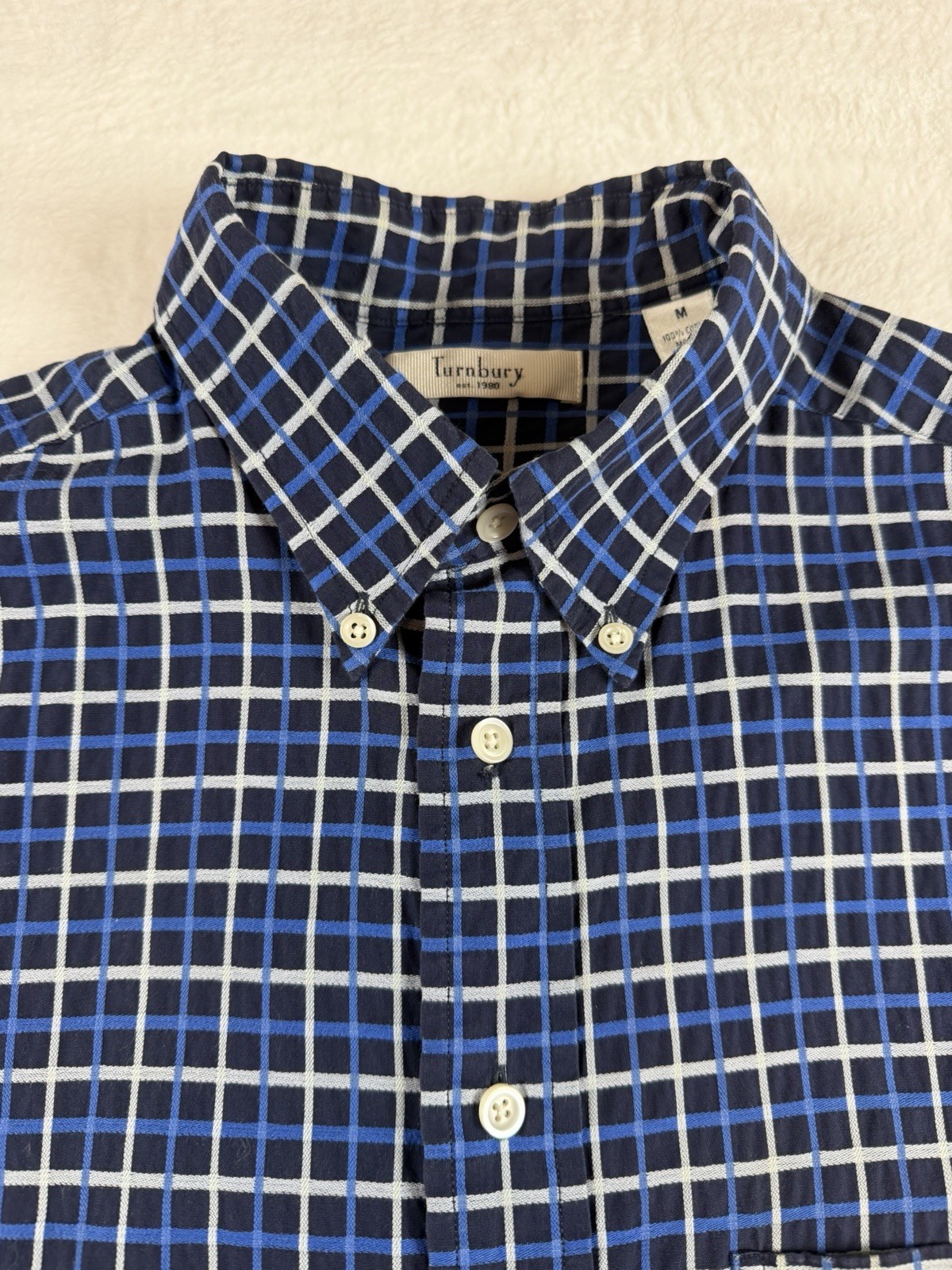 Turnbury Men’s Blue/White Check Button-Up Shirt Short Sleeve Cotton M