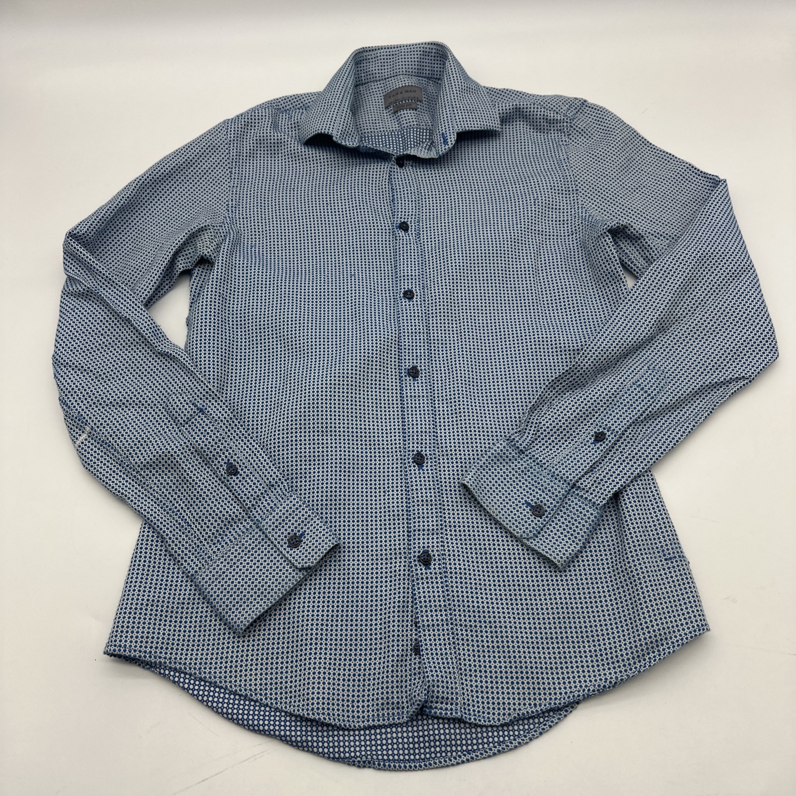 Zara Man Slim Fit Button Up Shirt Men S Blue & White ..#30474