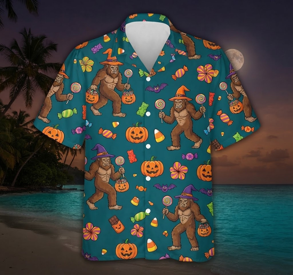 Funny Bigfoot Witch Hat Candy Halloween Hawaiian Shirt, Friends Gift