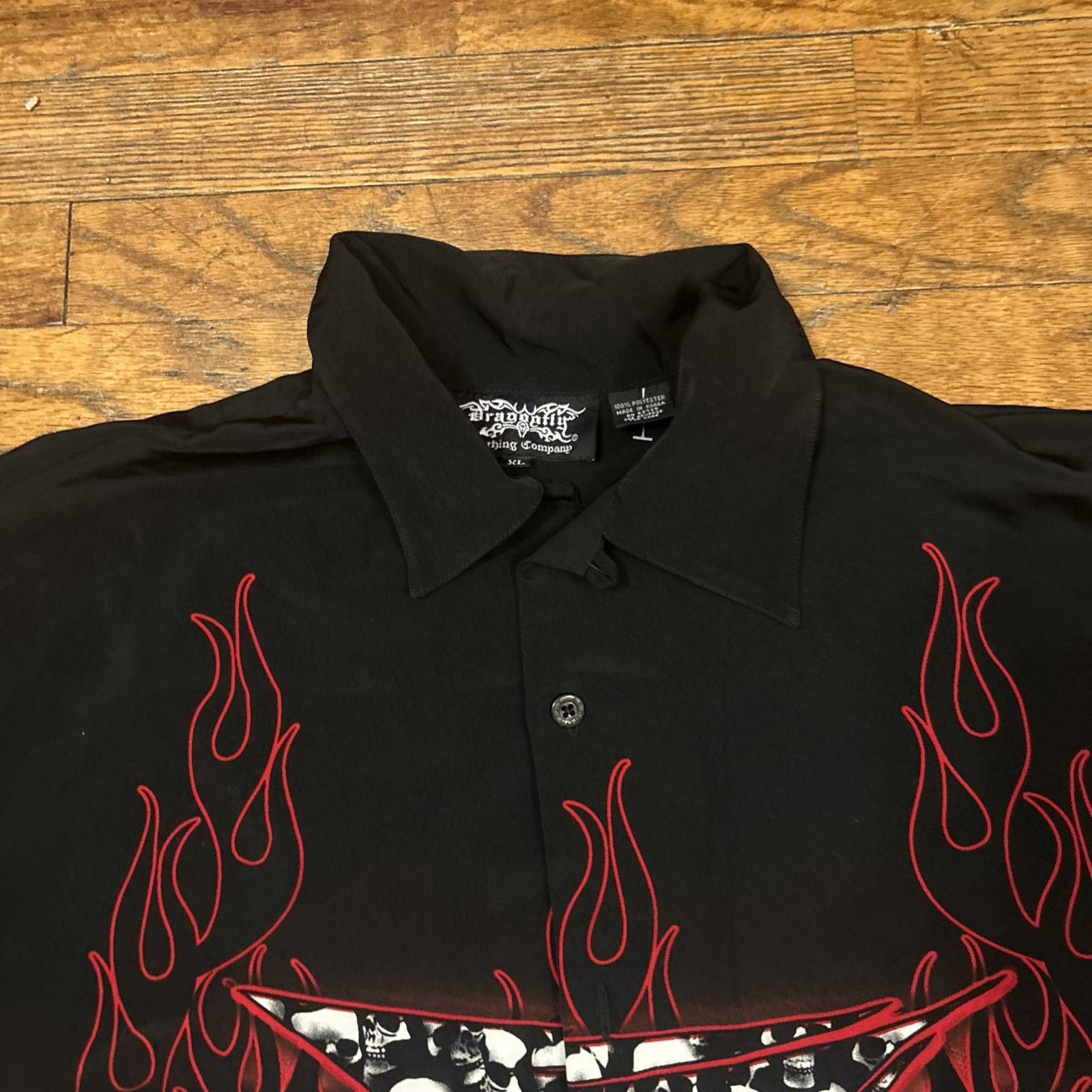 Vintage Dragonfly Clothing Metal Skull Print Shirt Size XL Button Down Y2K