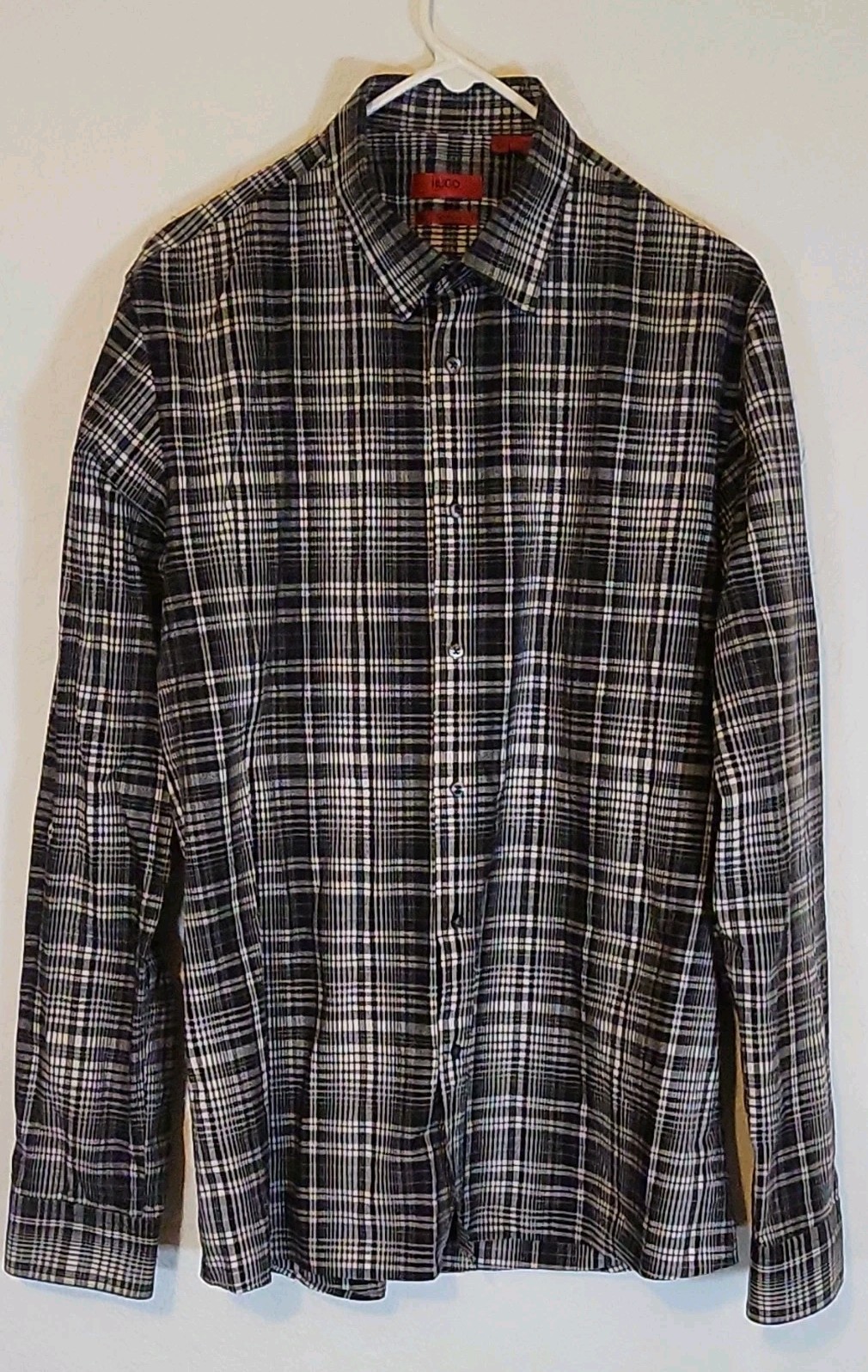 HUGO Men’s XL Slim Fit Black White Plaid Baumwolle Cotton Long Sleeve Shirt