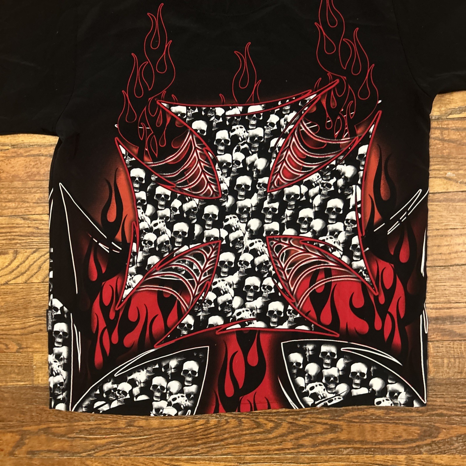 Vintage Dragonfly Clothing Metal Skull Print Shirt Size XL Button Down Y2K
