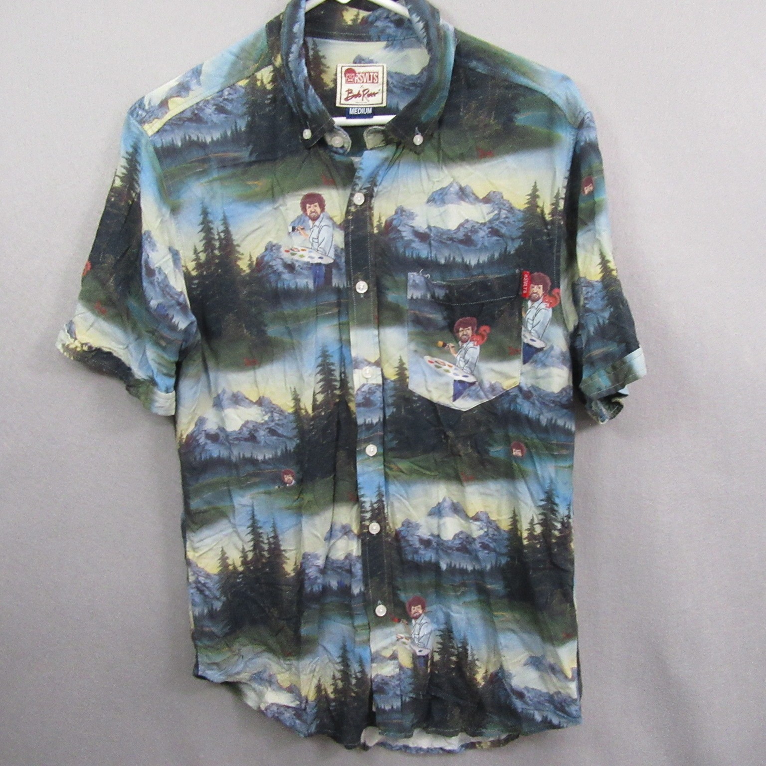 RSVLTS x Bob Ross Mens Button Up Shirt M Multicolor Allover Happy Trees