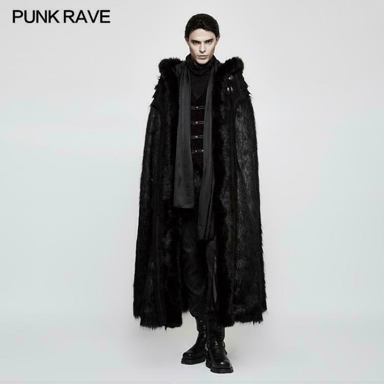 Punk Rave Gothic Long Fur Hooded Sleeveless Thick Cosplay Party Cloak Coat Cape
