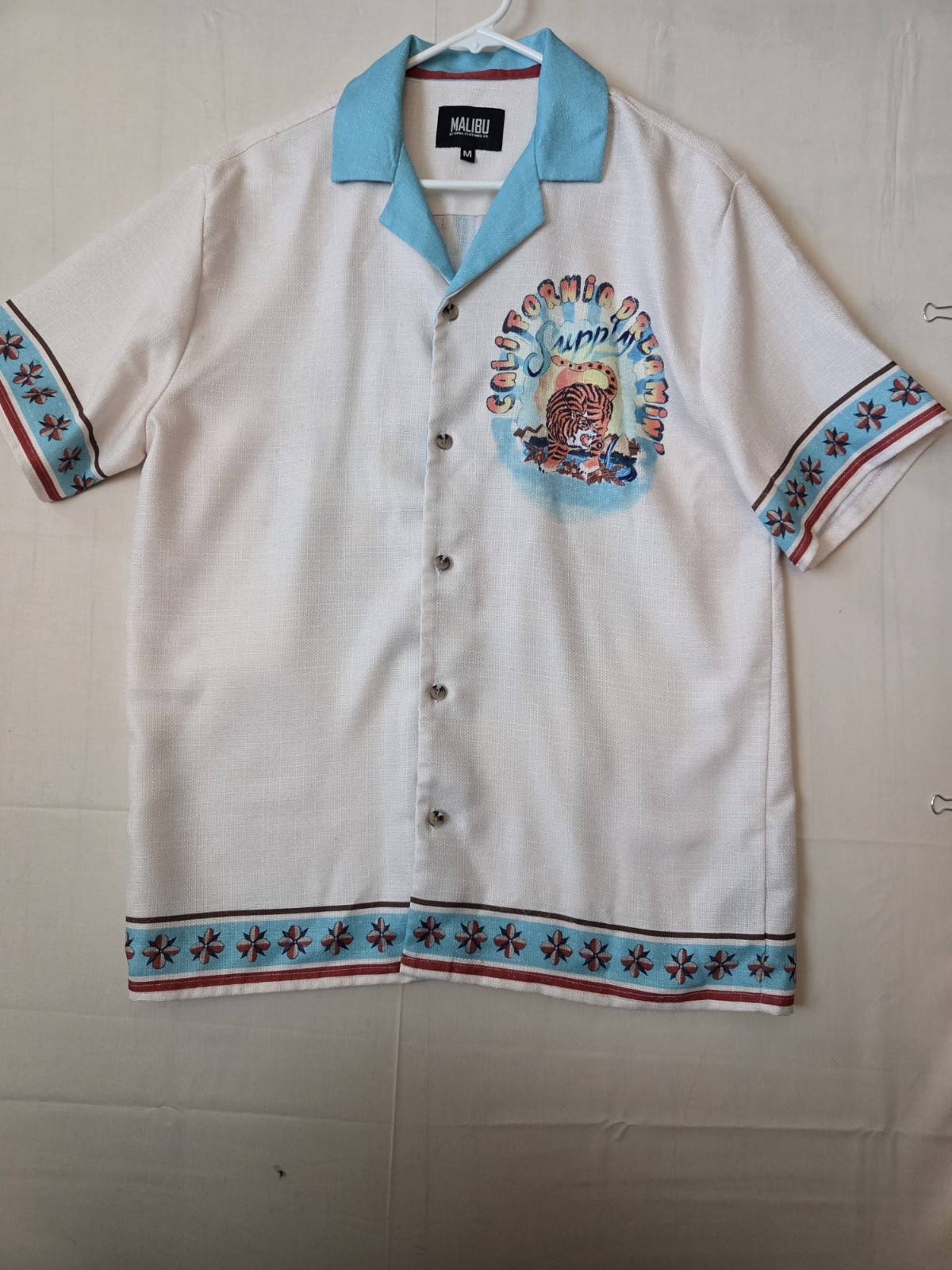 Malibu Mens M White/Blue Graphic Print Short Sleeve Spread Collar Button-Up 139