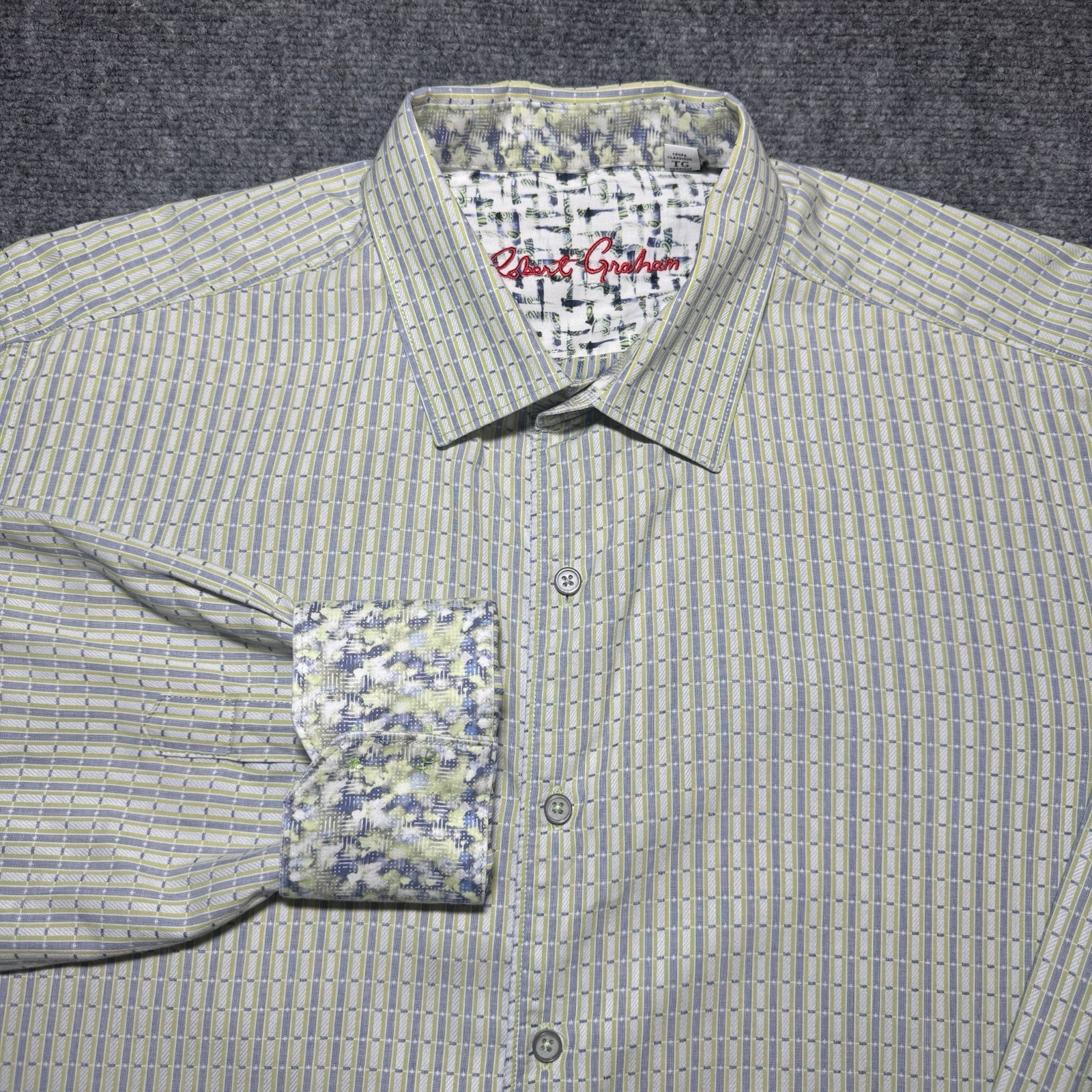 Robert Graham Striped Geometric Green Flip Cuff Classic Fit Button Up Shirt XL