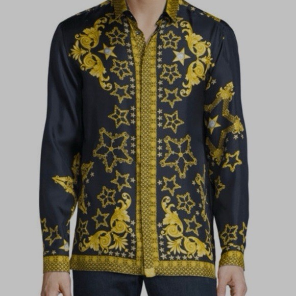 Versace Collection Black & Gold Baroque Star Print Button-Down Shirt 100% Seda