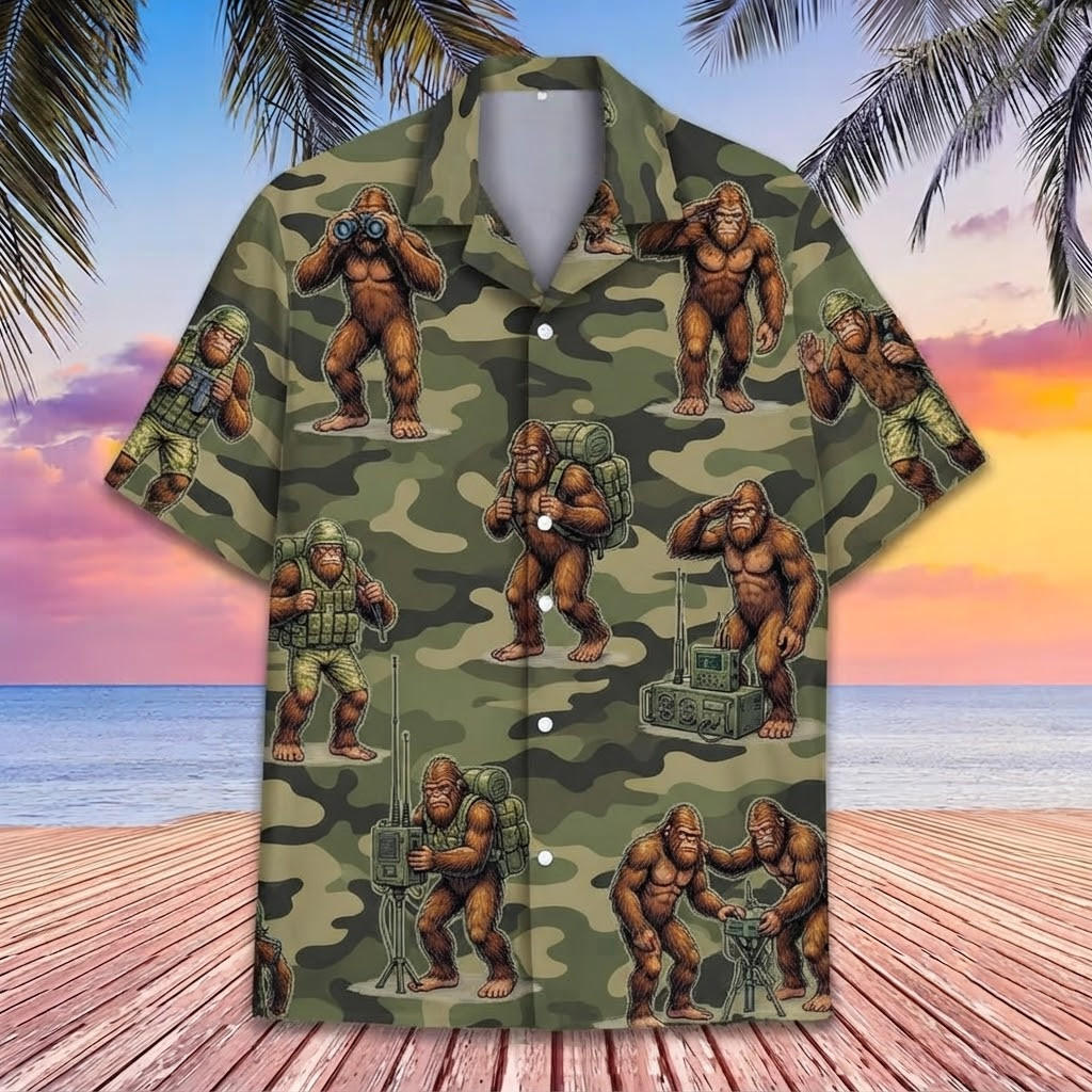 Bigfoot Camping Explorer With Walkie Talkie Hawaiian Shirt, Friends Gift