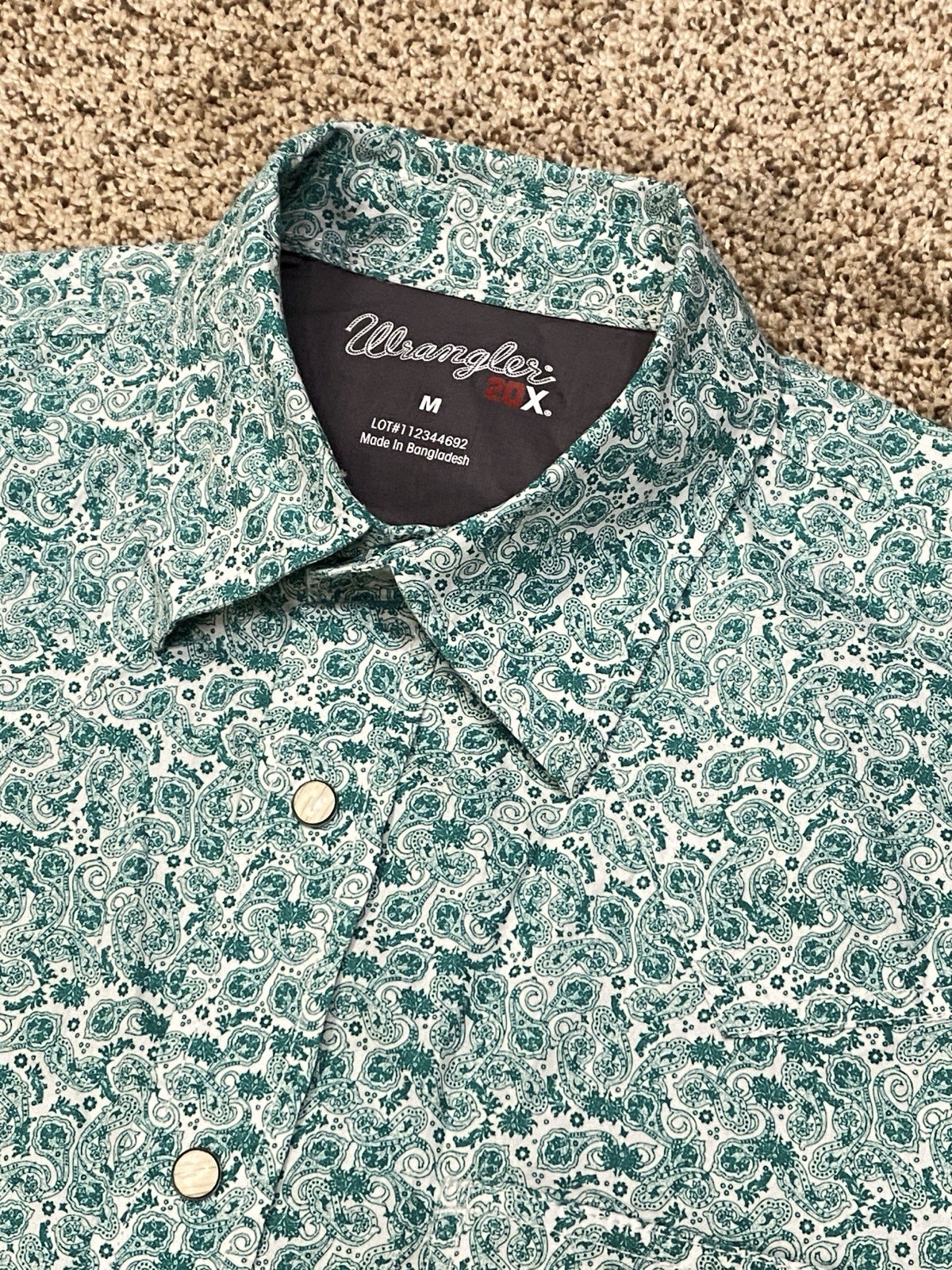 Wrangler Pearl Snap Shirt Mens M Green Paisley 20X Competition Short Sleeve