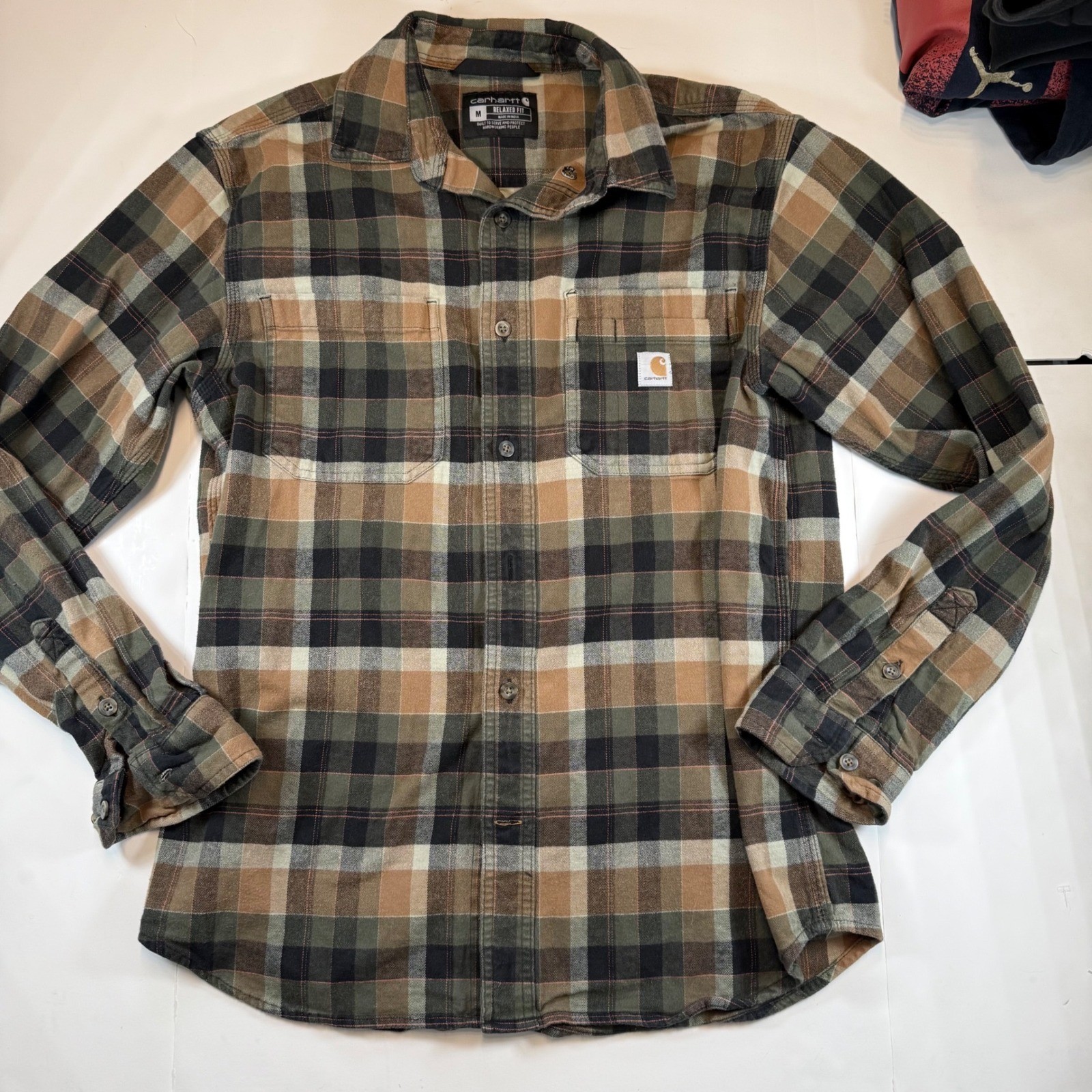 Carhartt Mens Relaxed Fit Plaid Flannel Shirt Brown Green 104909 G72 Medium M