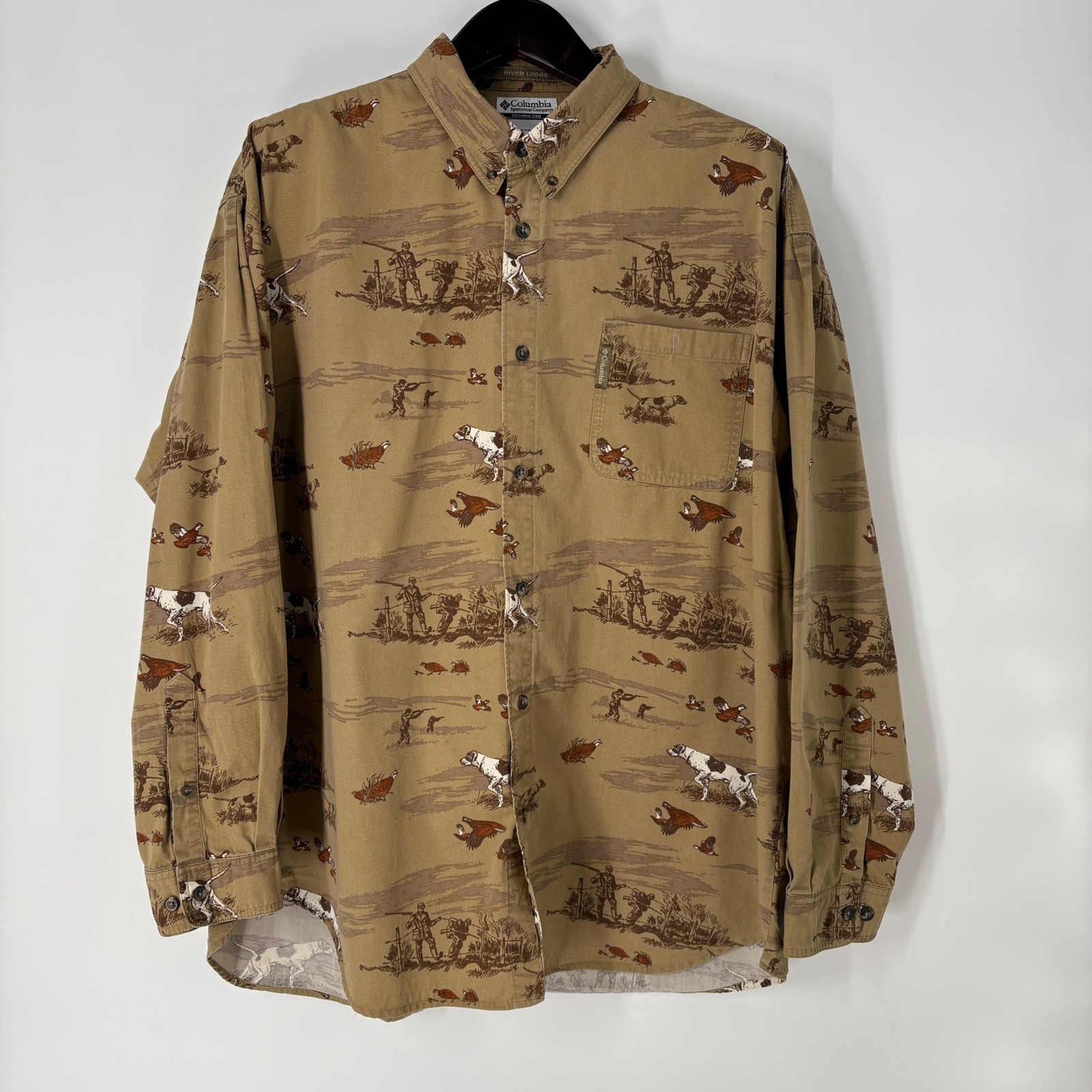 Columbia River Lodge Hunting Bird Dog Print Button Down Shirt XXL Tan Outdoor