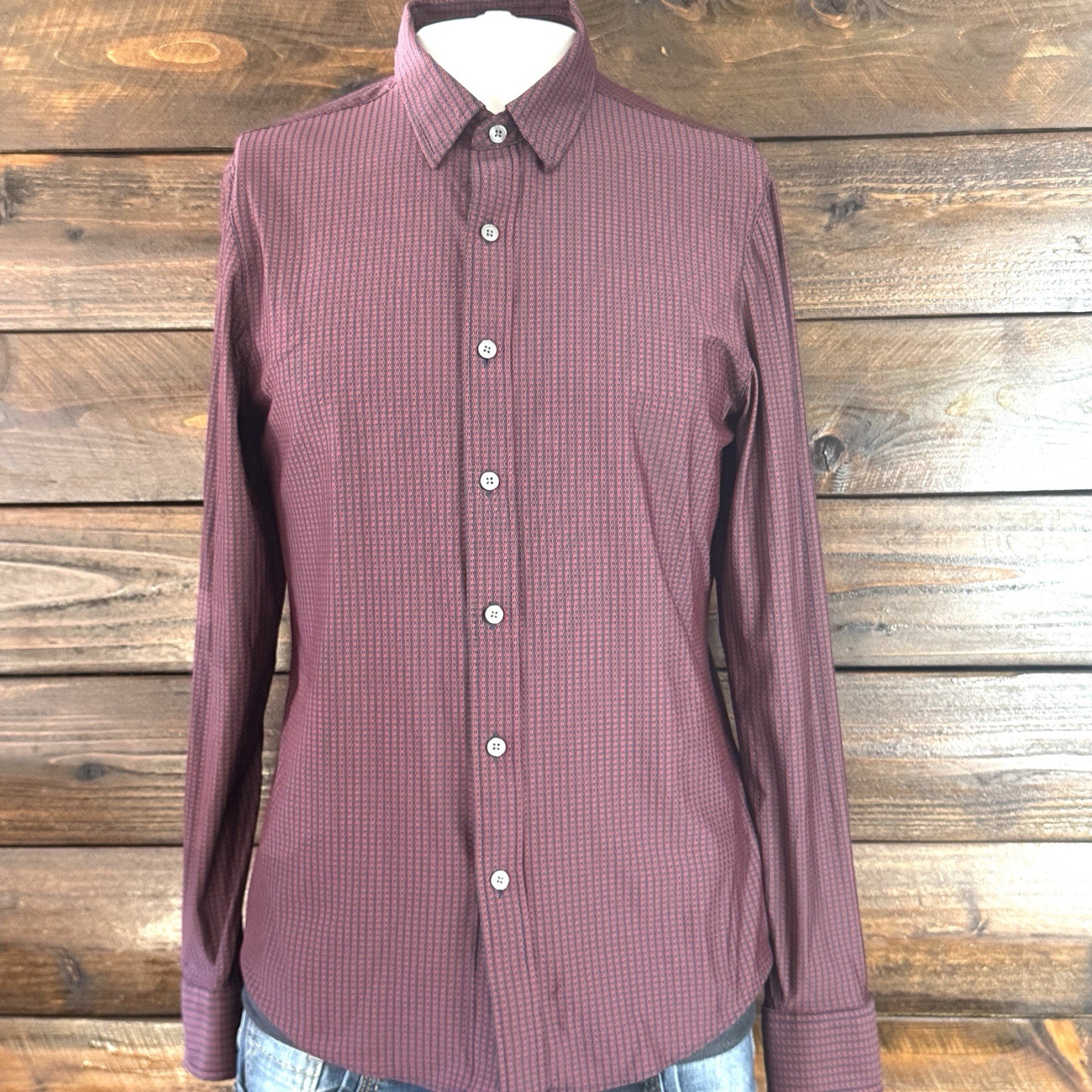 Rhone Commuter Shirt Mens M Burgundy Geometric Slim Fit Fine Italian Knit Fabric