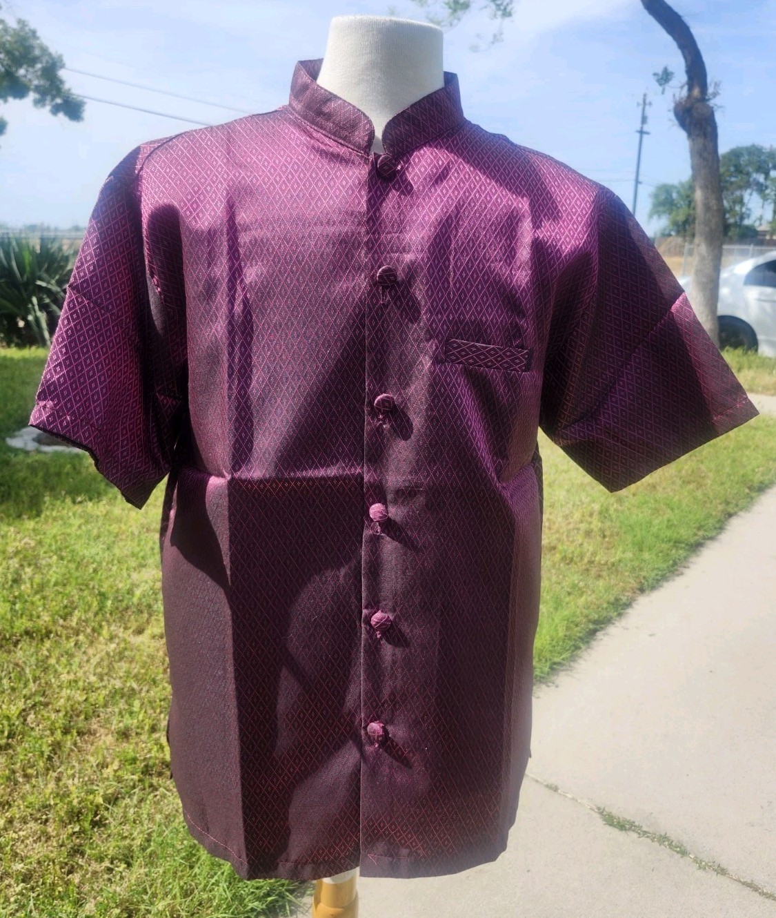 Mens Khmer Silk Mandarin Collar Shirts Short Sleeve 100% Silk Casual Sz. XL