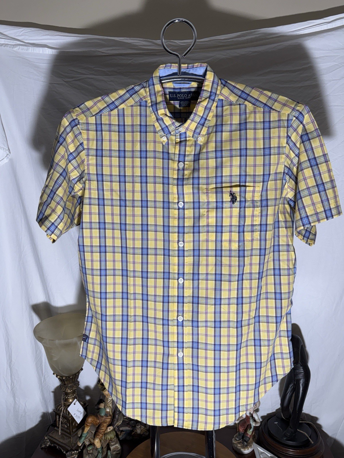 Us Polo Association Large Men’s Yellow Blue Plaid Button-Down Shirt: New