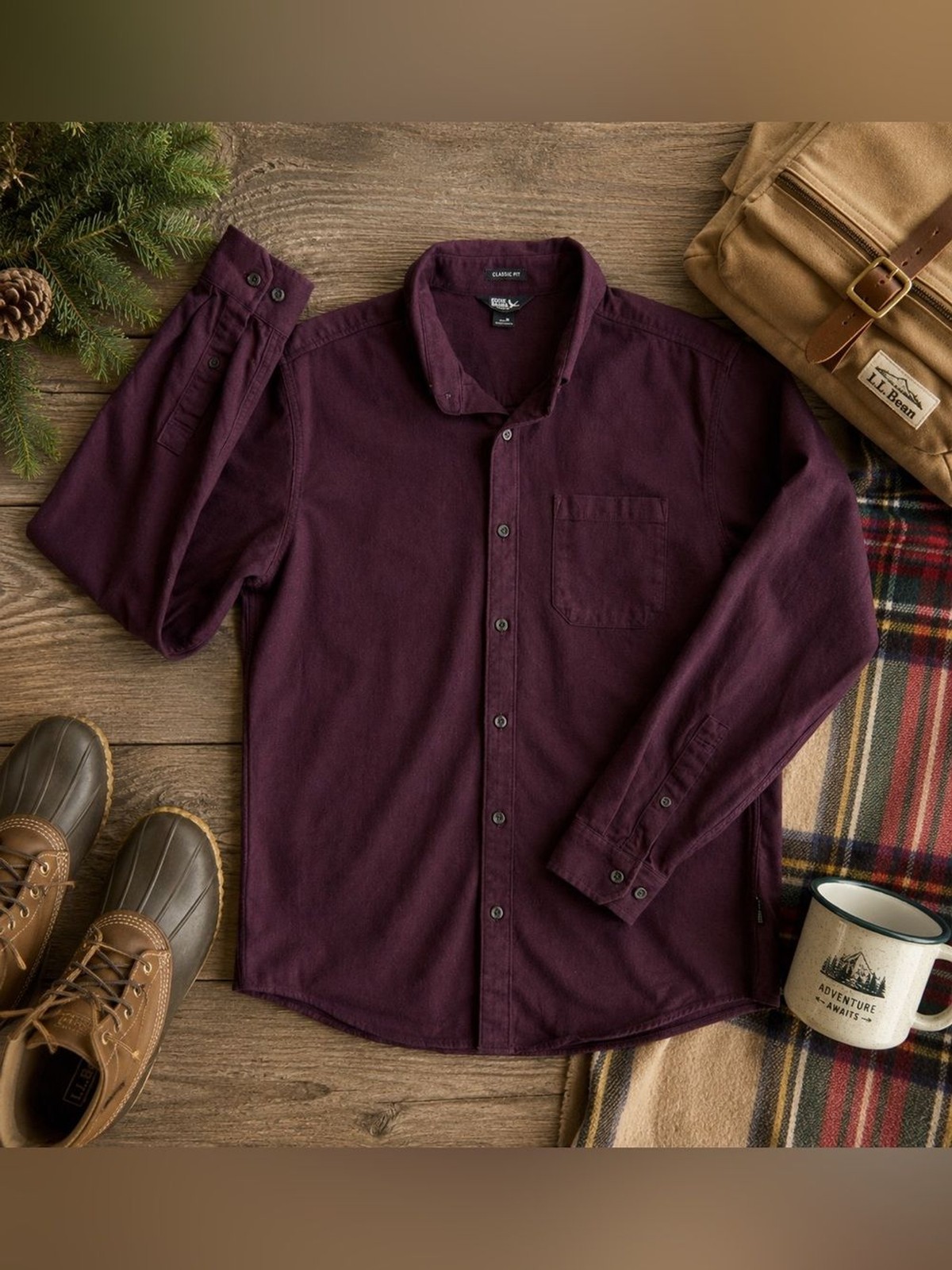 Eddie Bauer Men’s M Burgundy Herringbone Cotton Flannel Shirt Classic Fit