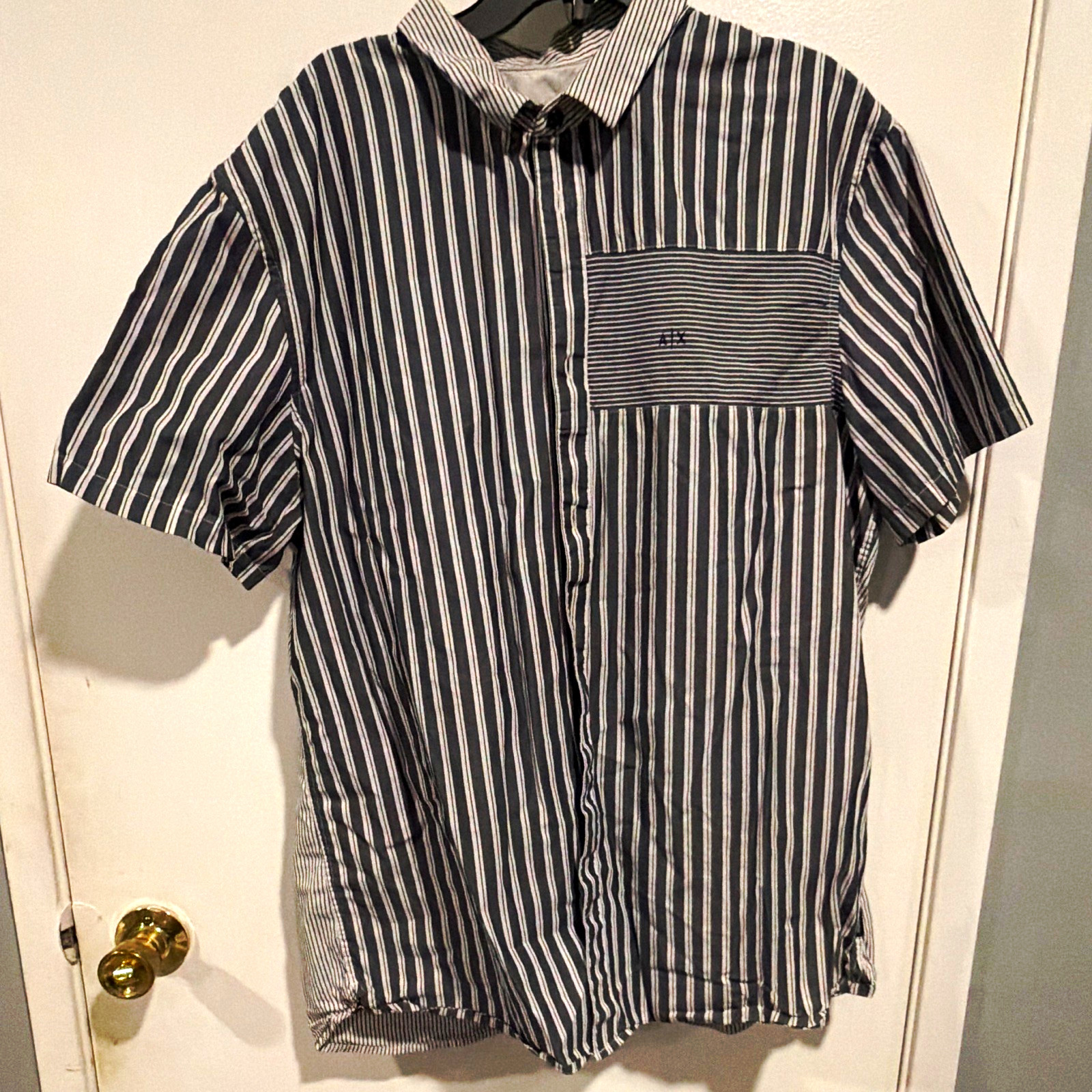A|X Men’s XL Gray Striped Woven Short Sleeve Button-Up Shirt Chest Pocket