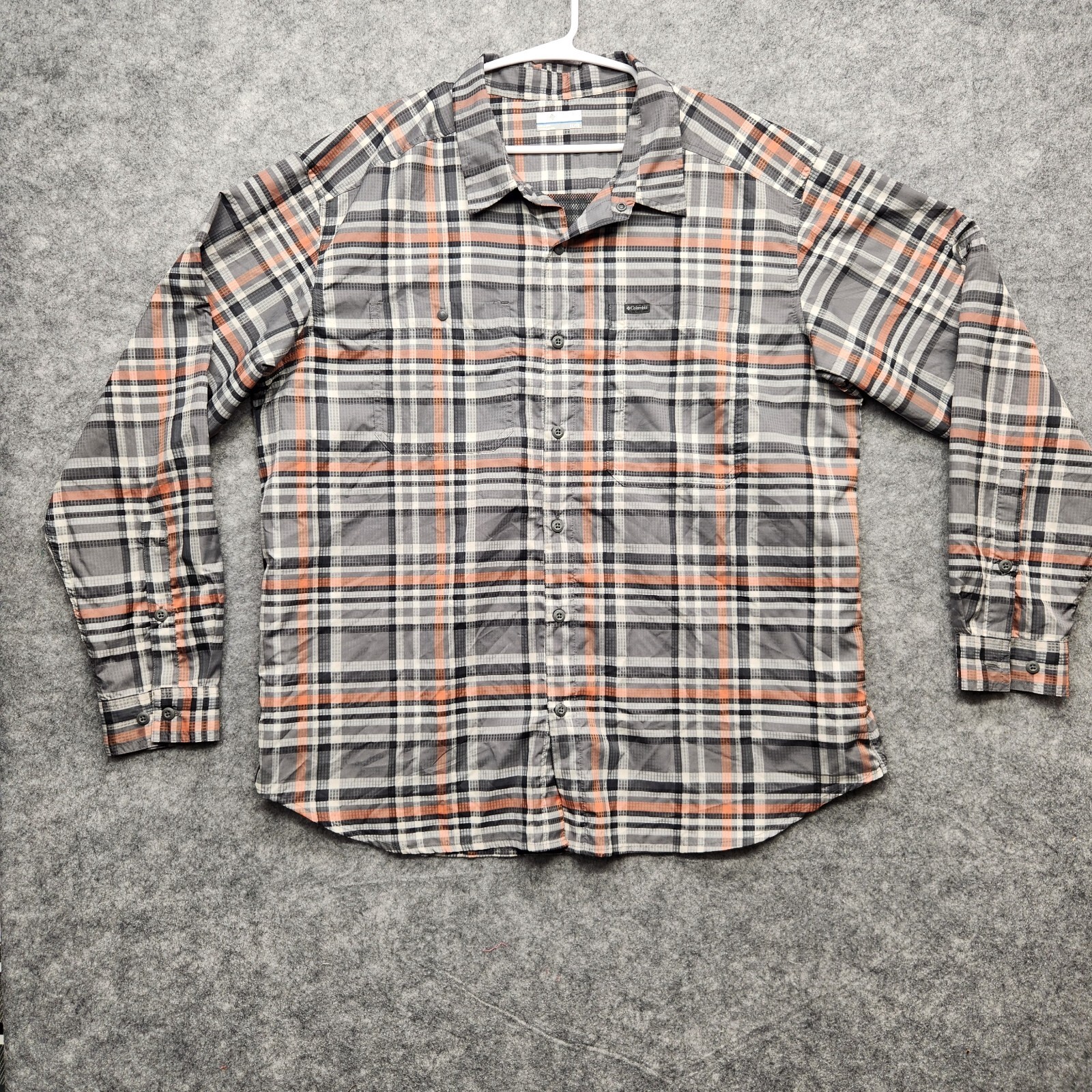 Columbia Long Sleeve Men’s Size XL TG Gray Black Orange Plaid Convertible Cuff