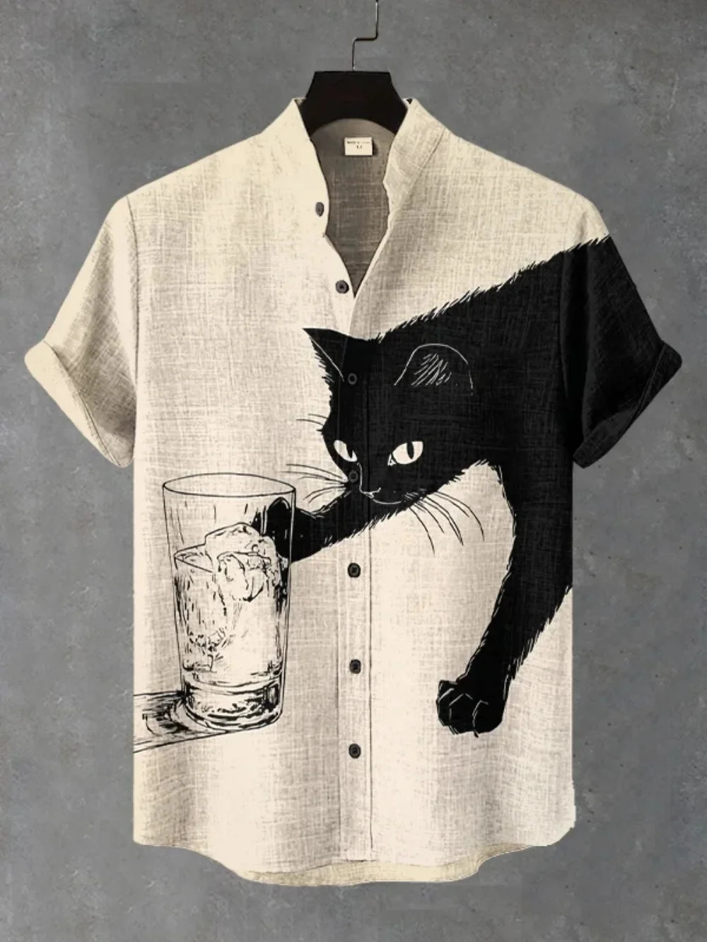 Men’s Japanese Retro Art Black Cat Print Shirt Short Sleeve Stand up Collar.