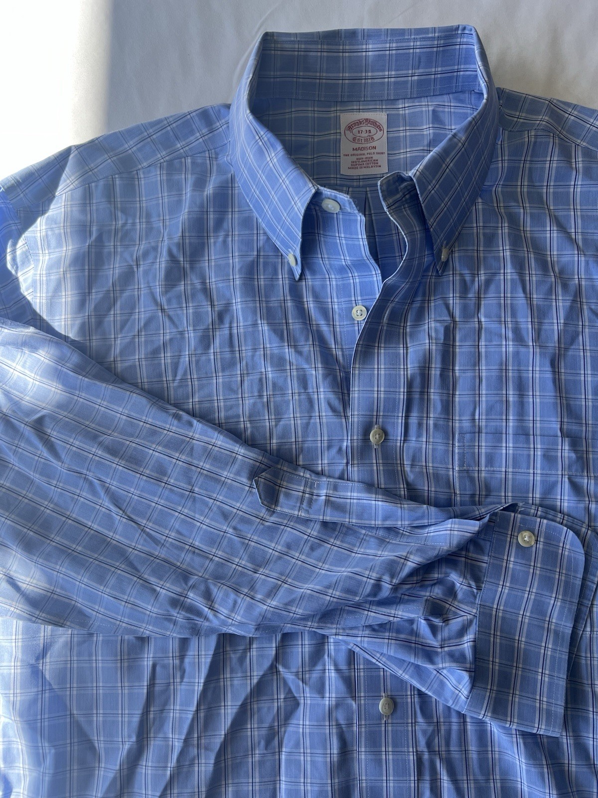 Brooks Brothers Madison Men’s Non-Iron Blue Plaid Cotton Button-Down 17-34