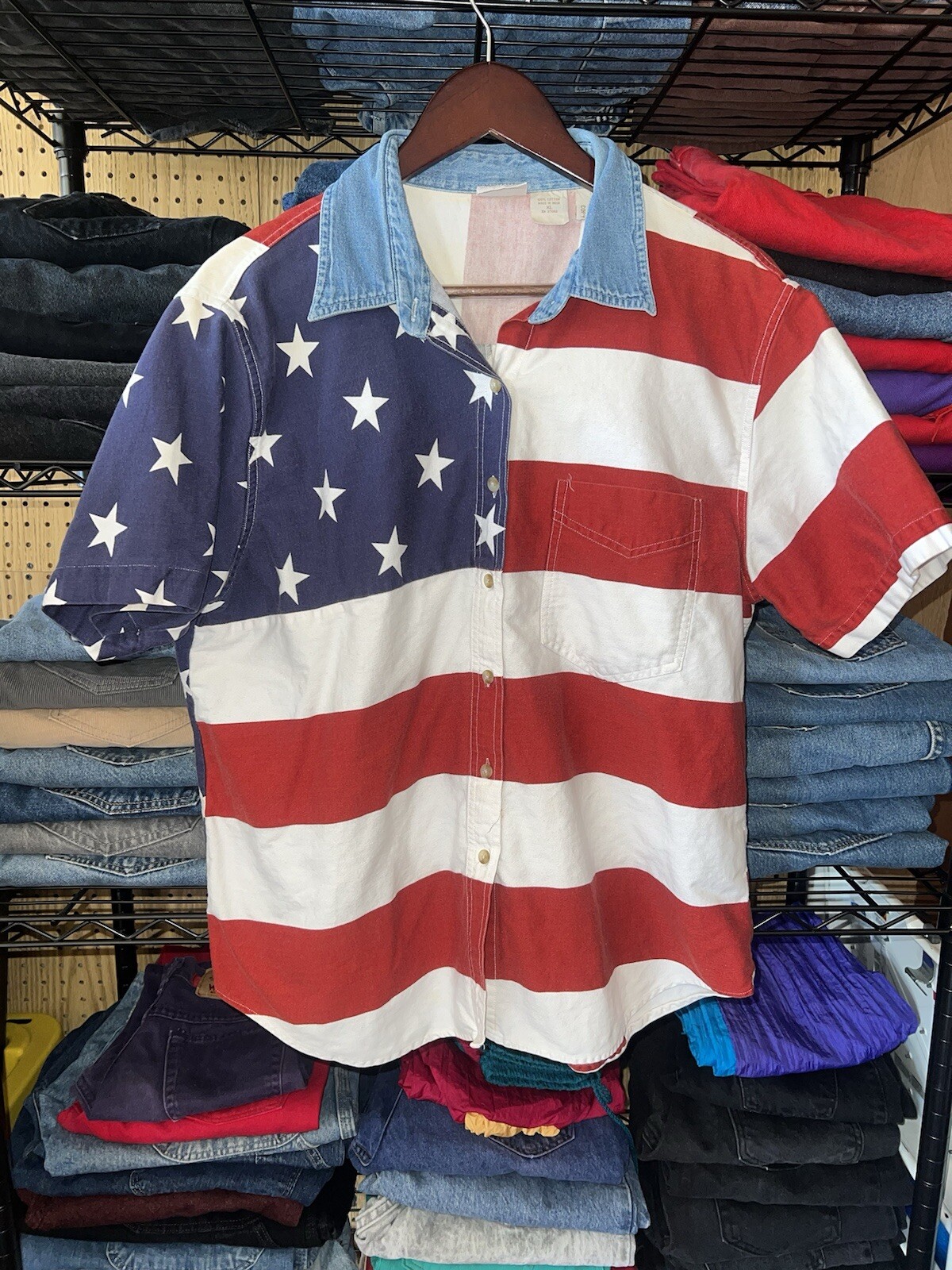 Vintage Fiorlini International American Flag Print Button Down Shirt Size XL Y2K