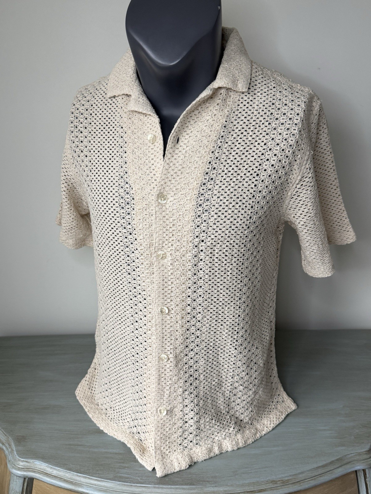Sandstone Crochet Knit Camp Shirt M Cotton Button Cuban Coastal Boho Beige Vacay